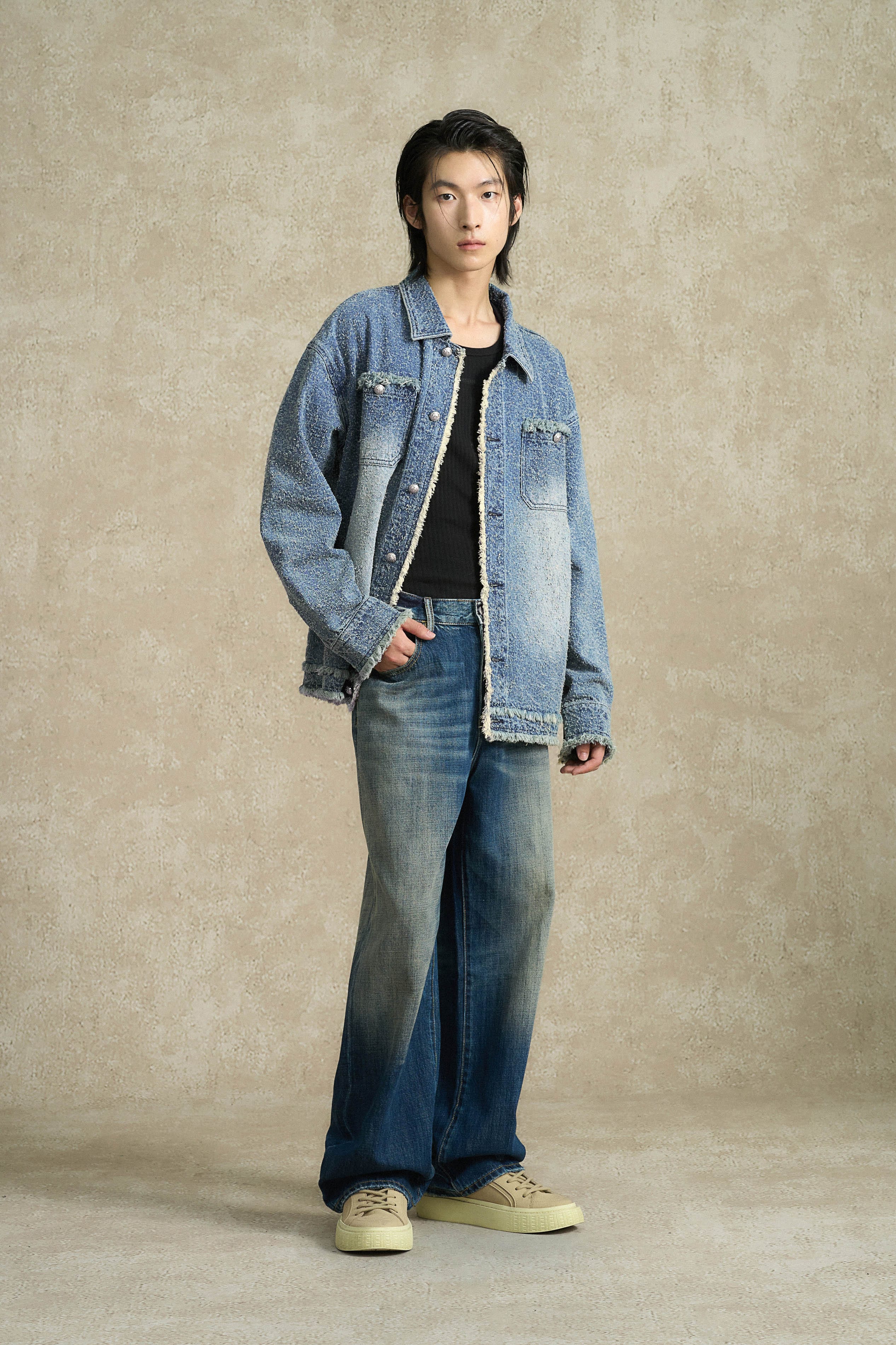 BONELESS Washed Frayed Edge Denim Jacket-Jacket-S-Free Shipping Leatheretro