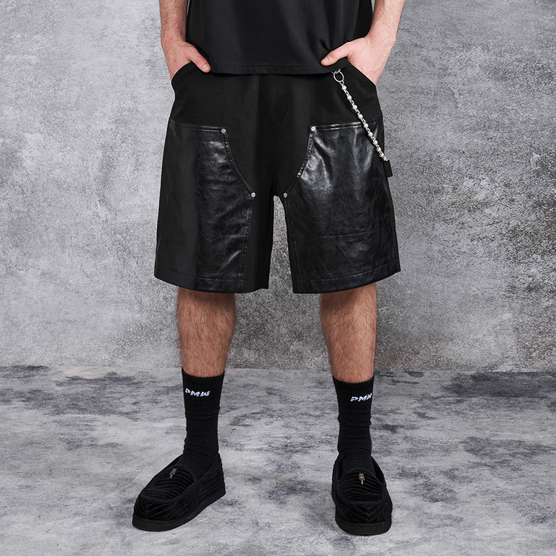 PMW Paneled Faux Leather Rivet Shorts-Shorts-S-Free Shipping Leatheretro