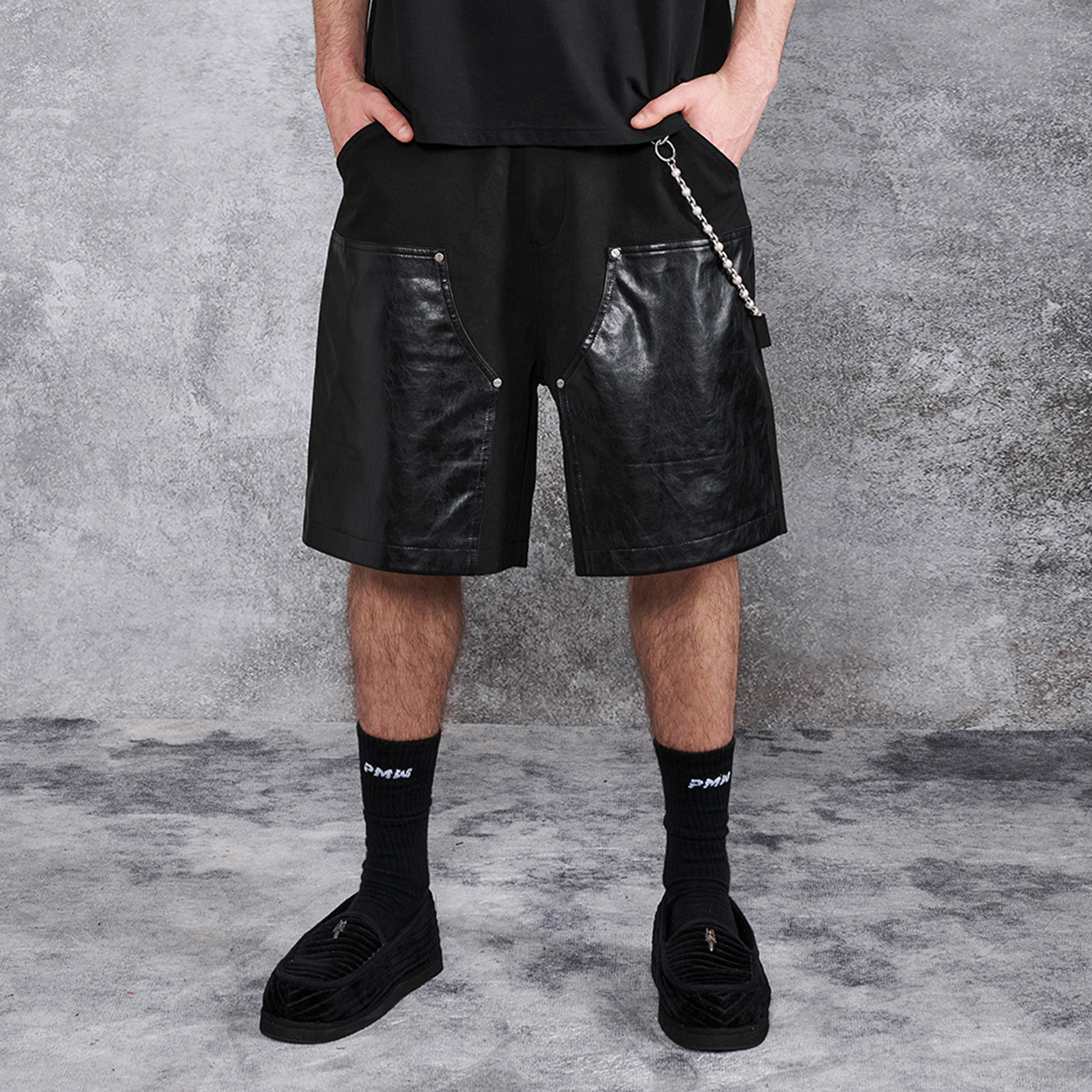 PMW Paneled Faux Leather Rivet Shorts-Shorts-S-Free Shipping Leatheretro