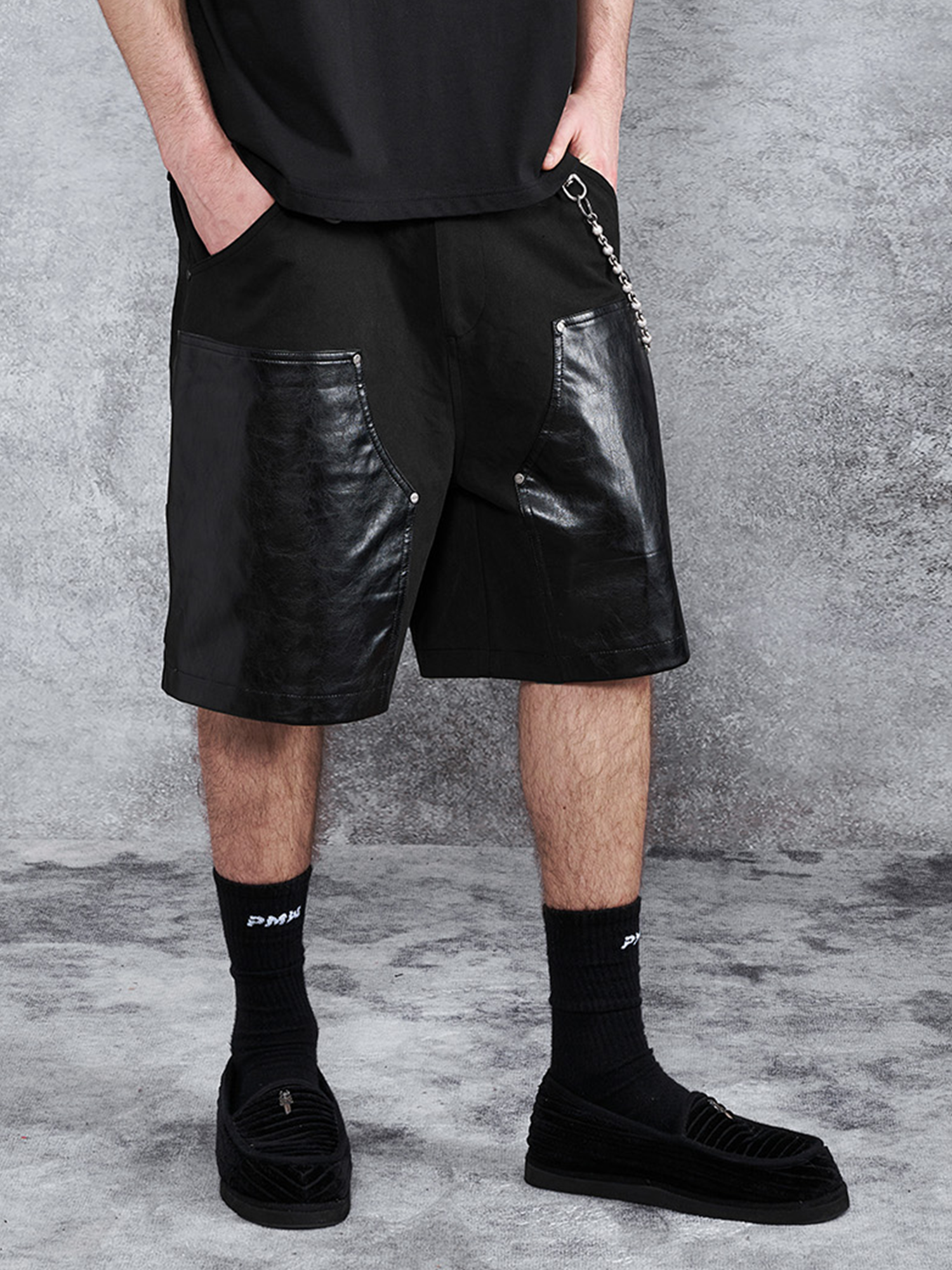 PMW Paneled Faux Leather Rivet Shorts-Shorts-S-Free Shipping Leatheretro