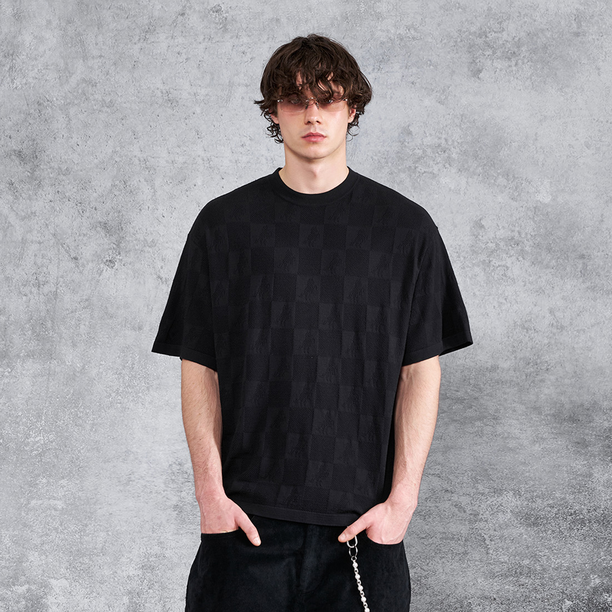 PMW Checkerboard Horse Jacquard Knitted T Shirt-T Shirt-S-Black-Free Shipping Leatheretro