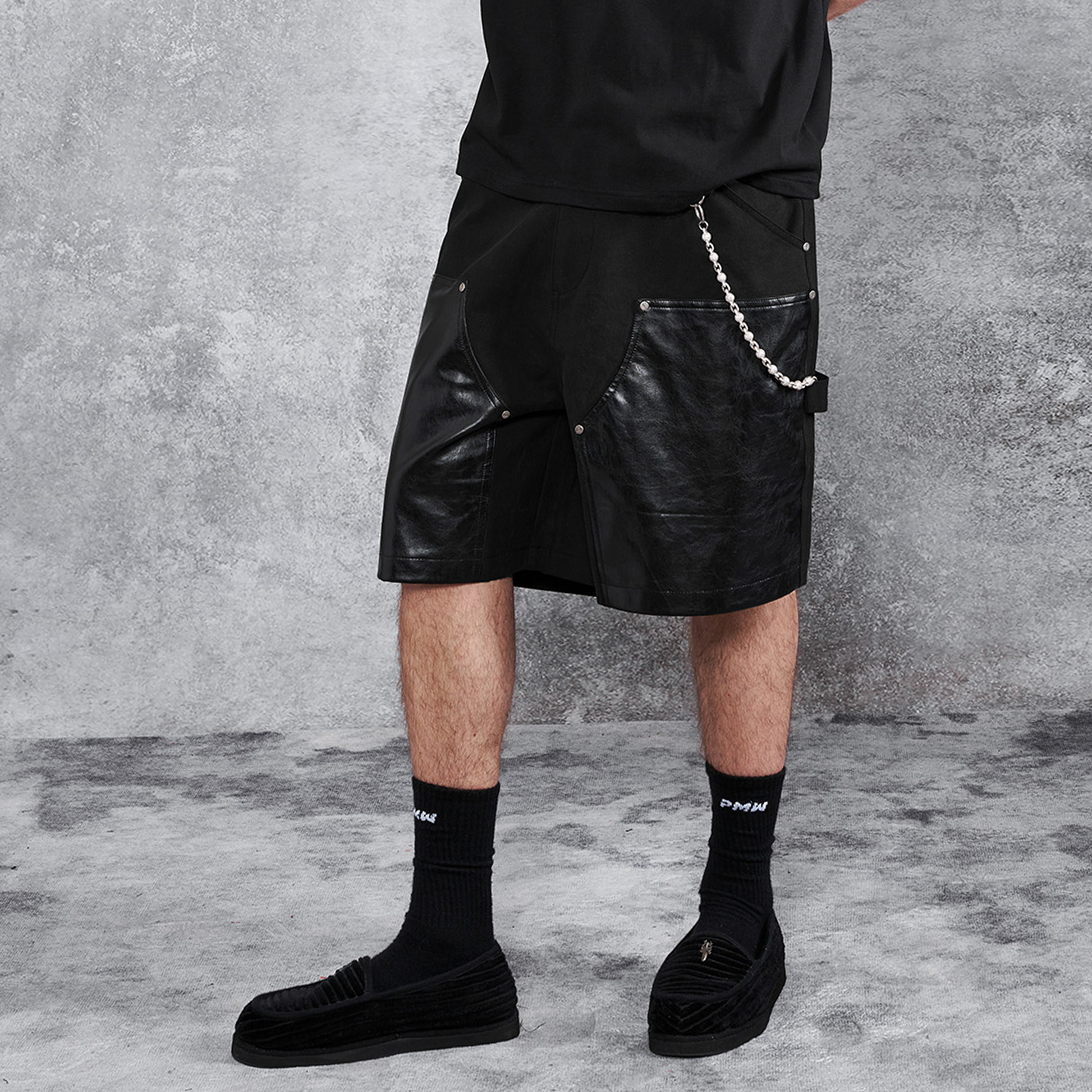 PMW Paneled Faux Leather Rivet Shorts-Shorts-S-Free Shipping Leatheretro
