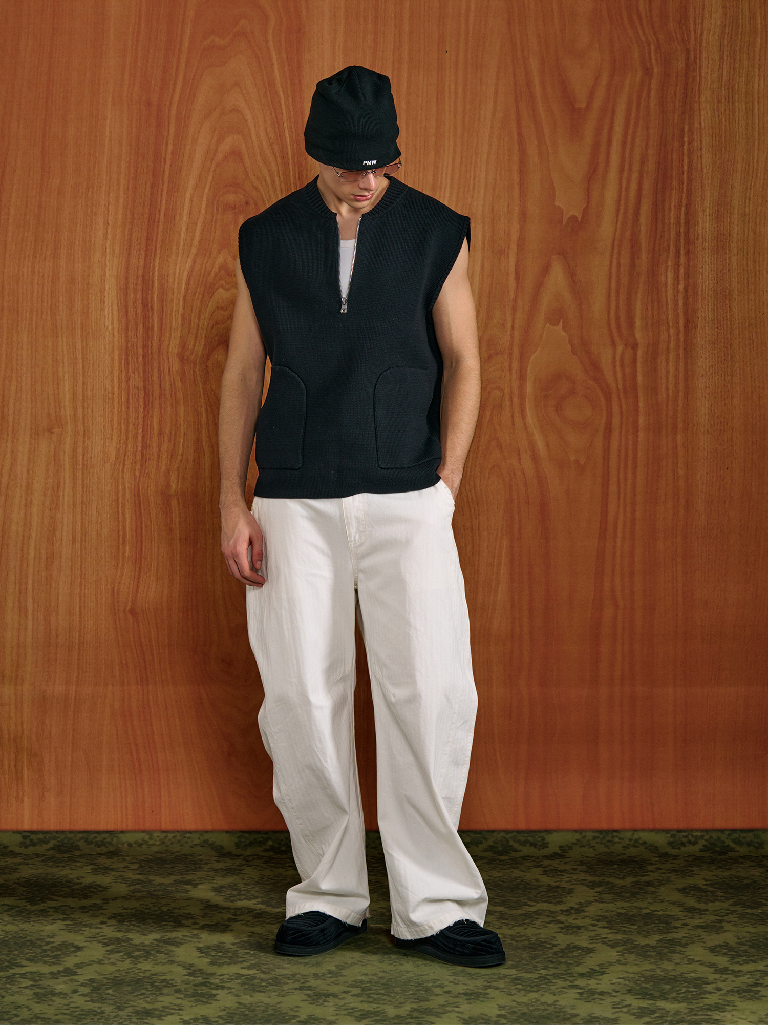 PMW Half-Zip Pockets Knit Vest-Vest-S-Black-Free Shipping Leatheretro