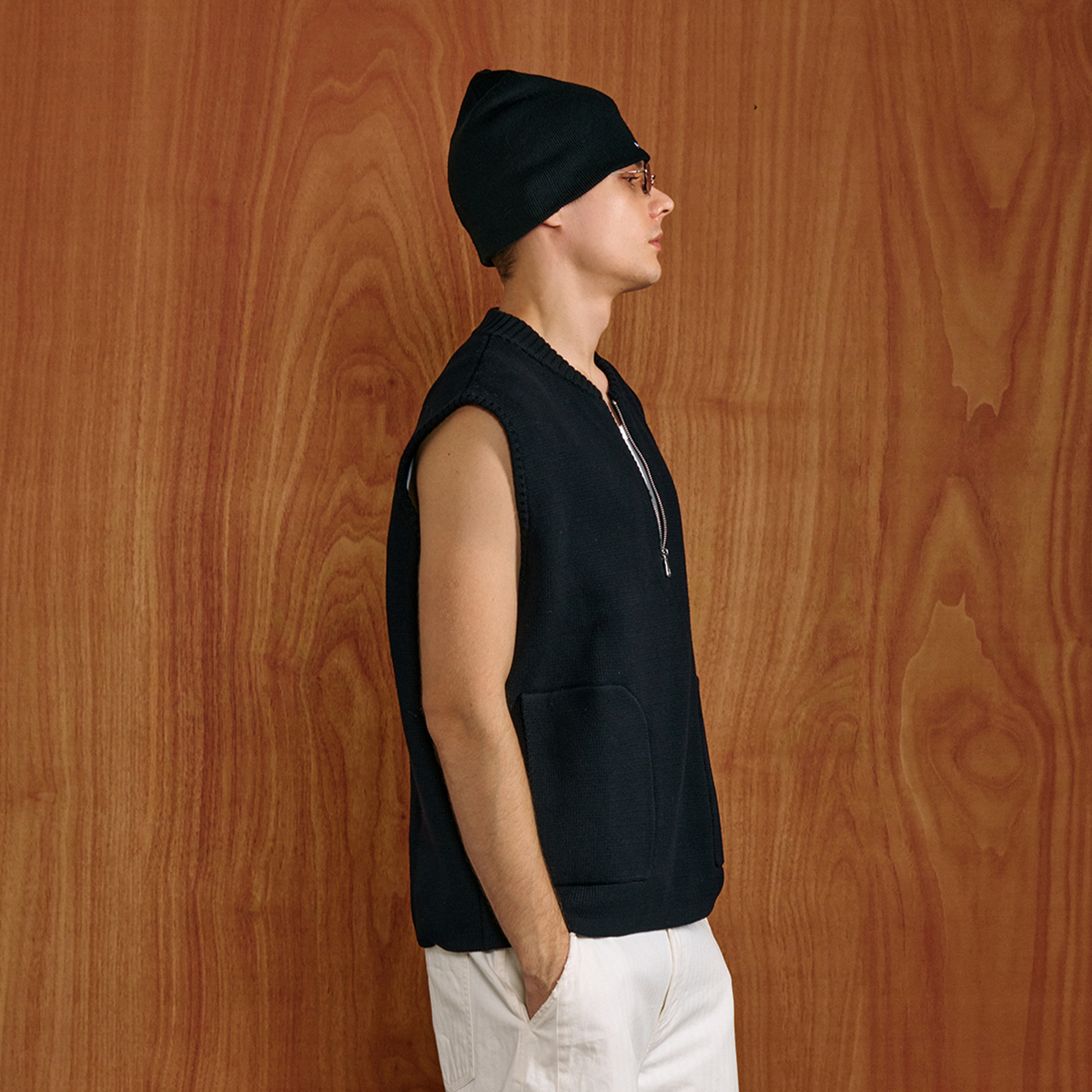 PMW Half-Zip Pockets Knit Vest-Vest-S-Black-Free Shipping Leatheretro
