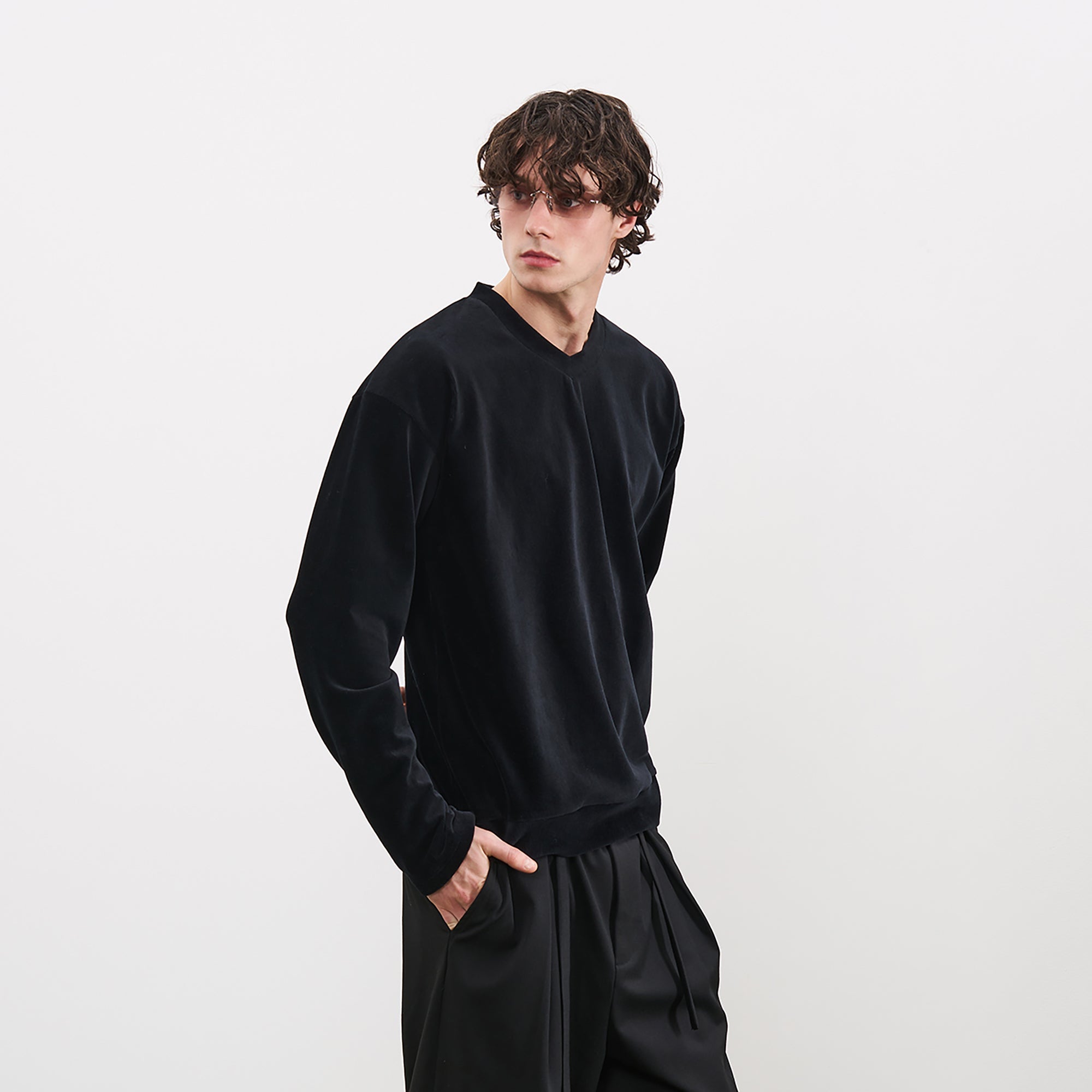 PMW Essential Velvet V-Neck Long Sleeve-L/S Tee-S-Free Shipping Leatheretro