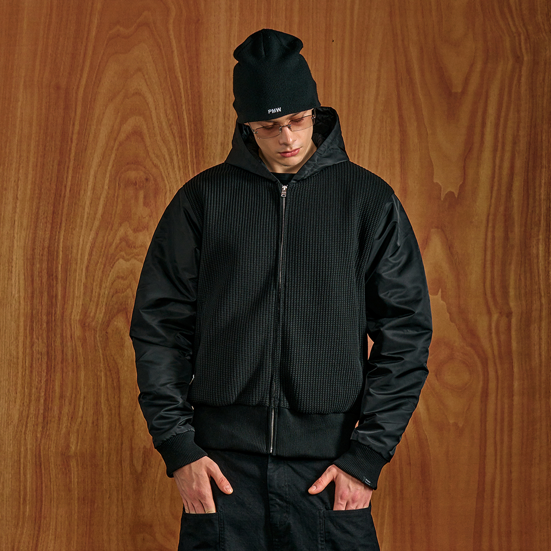 PMW Knitted Panel Ruched-Sleeve Hooded Jacket-Jacket-S-Free Shipping Leatheretro