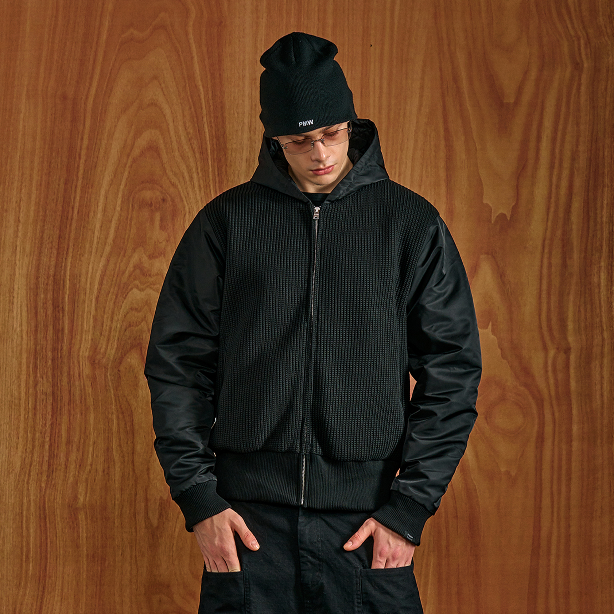 PMW Knitted Panel Ruched-Sleeve Hooded Jacket-Jacket-S-Free Shipping Leatheretro