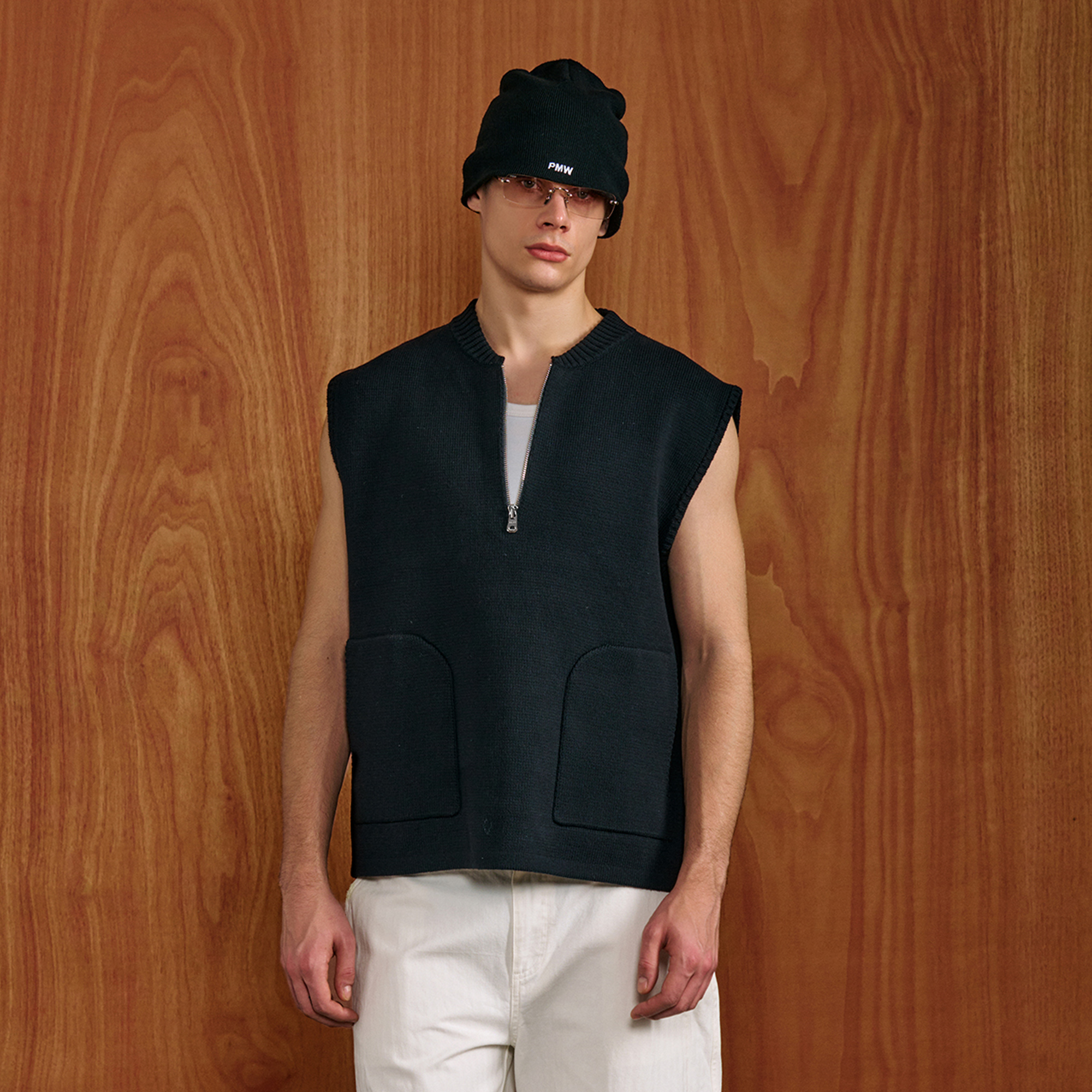 PMW Half-Zip Pockets Knit Vest-Vest-S-Black-Free Shipping Leatheretro