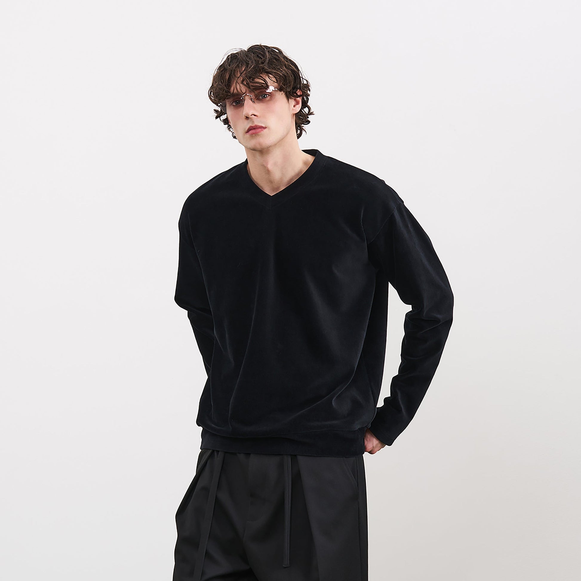 PMW Essential Velvet V-Neck Long Sleeve-L/S Tee-S-Free Shipping Leatheretro