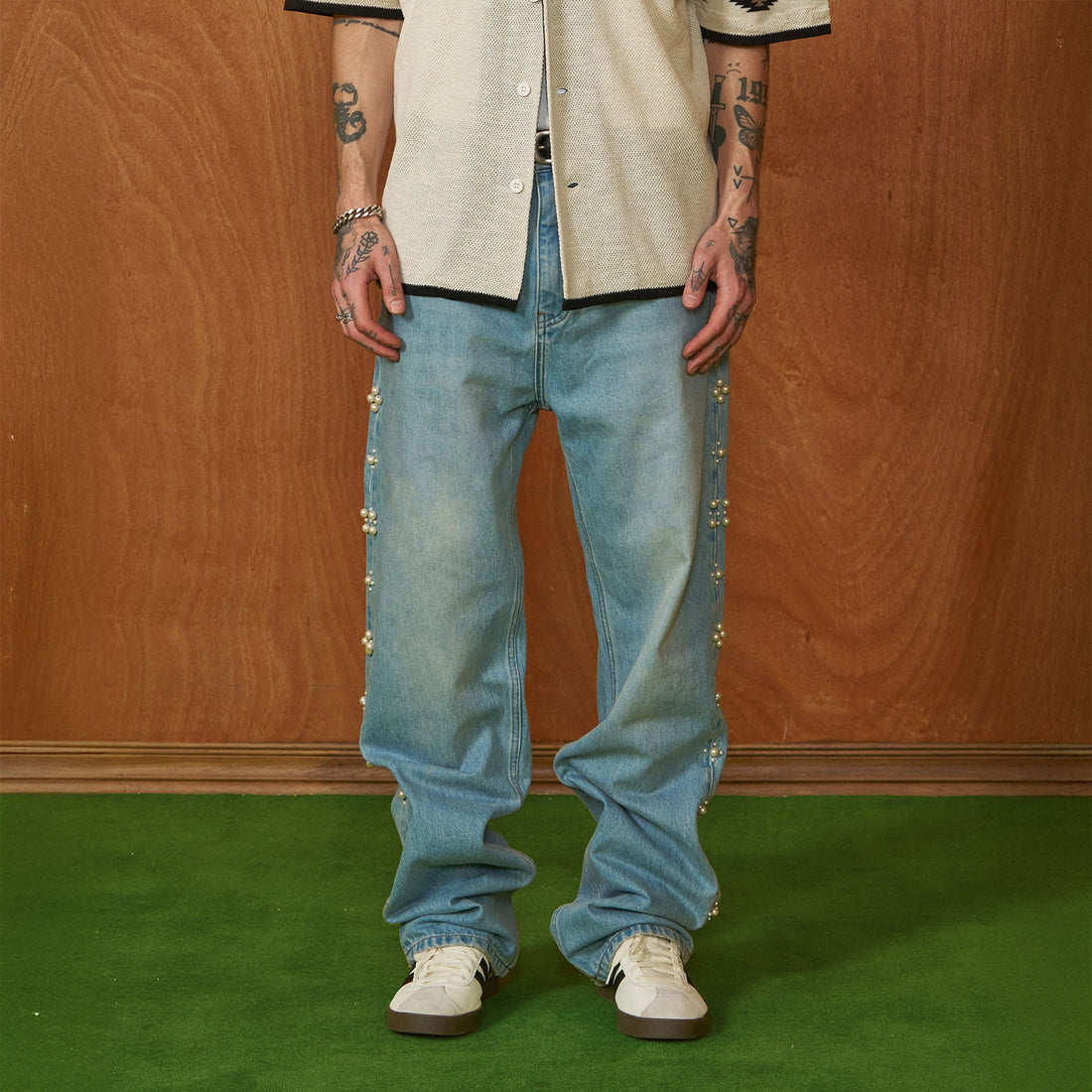 PMW Pearl-Embellished Washed Straight-Leg Jeans-Jeans-S-Free Shipping Leatheretro