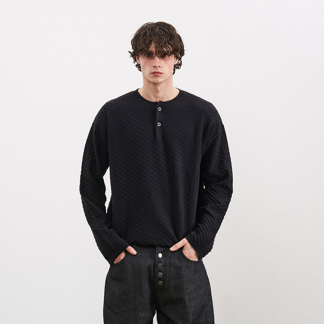 PMW Drop-Shoulder Waffle Henley Sweater-Sweater-S-Free Shipping Leatheretro