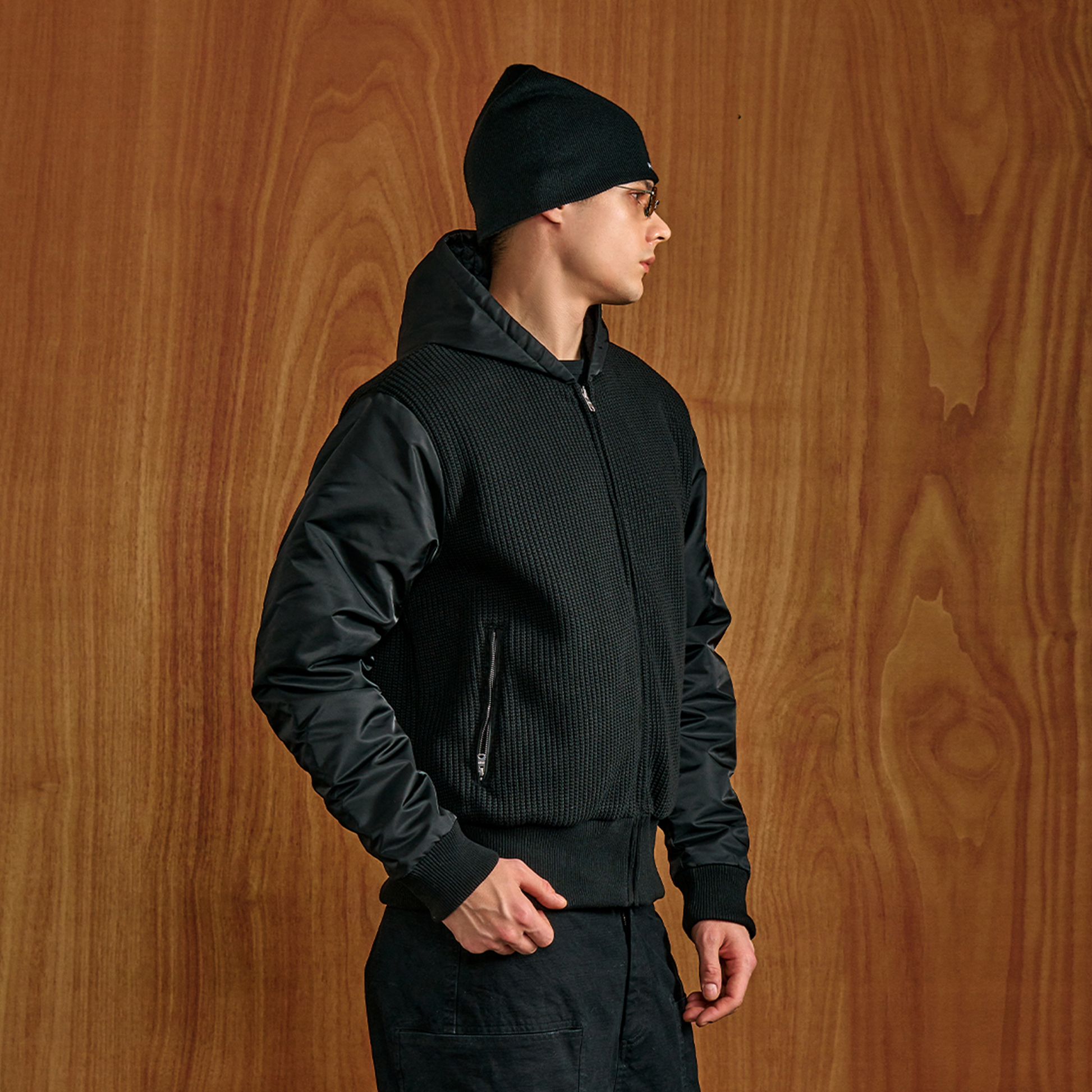 PMW Knitted Panel Ruched-Sleeve Hooded Jacket-Jacket-S-Free Shipping Leatheretro