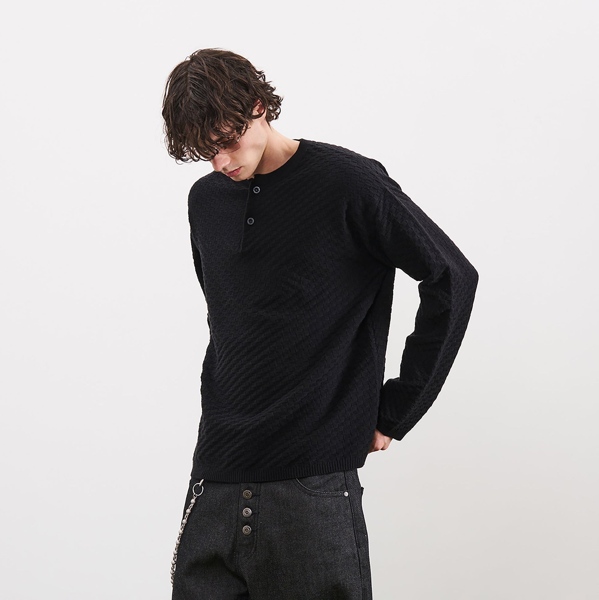 PMW Drop-Shoulder Waffle Henley Sweater-Sweater-S-Free Shipping Leatheretro
