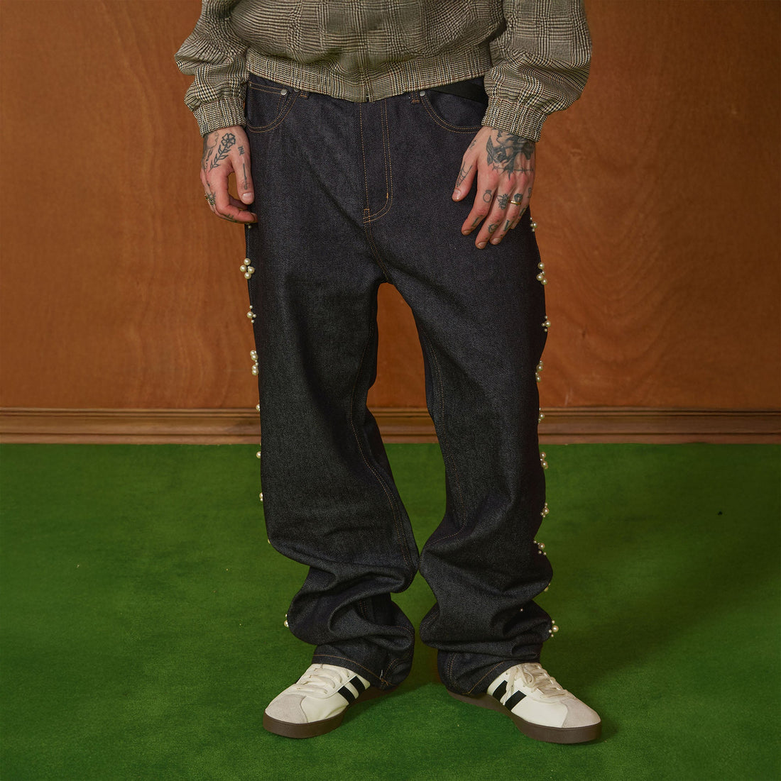 PMW Pearl-Embellished Raw Jeans-Jeans-S-Free Shipping Leatheretro