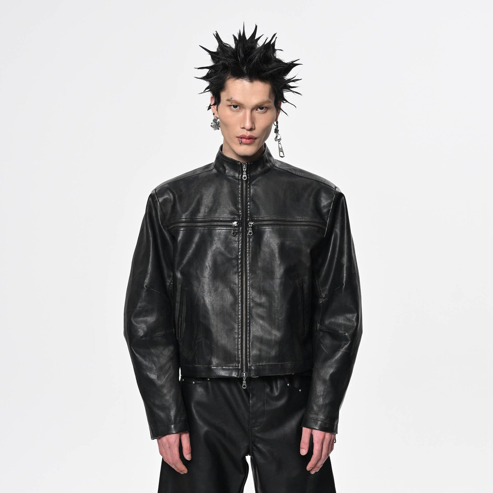 SAVAGEGROWTHWORLD Crossed Spliced Rivet Faux Leather Jacket-Jacket-S-Free Shipping Leatheretro