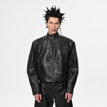 SAVAGEGROWTHWORLD Crossed Spliced Rivet Faux Leather Jacket-Jacket-S-Free Shipping Leatheretro