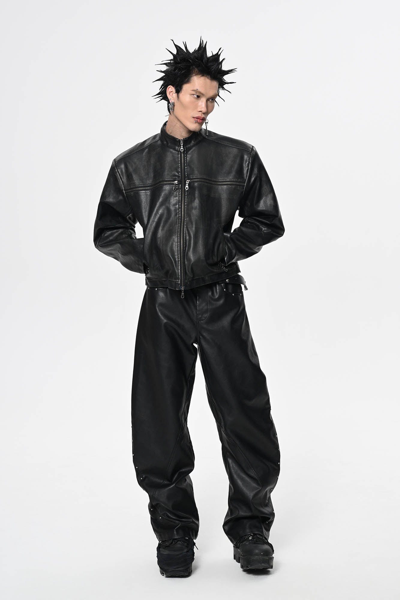 SAVAGEGROWTHWORLD Crossed Spliced Rivet Faux Leather Jacket-Jacket-S-Free Shipping Leatheretro