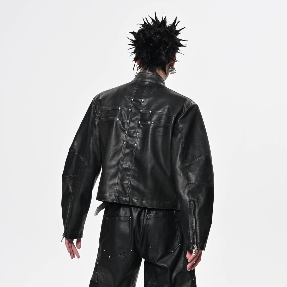 SAVAGEGROWTHWORLD Crossed Spliced Rivet Faux Leather Jacket-Jacket-S-Free Shipping Leatheretro