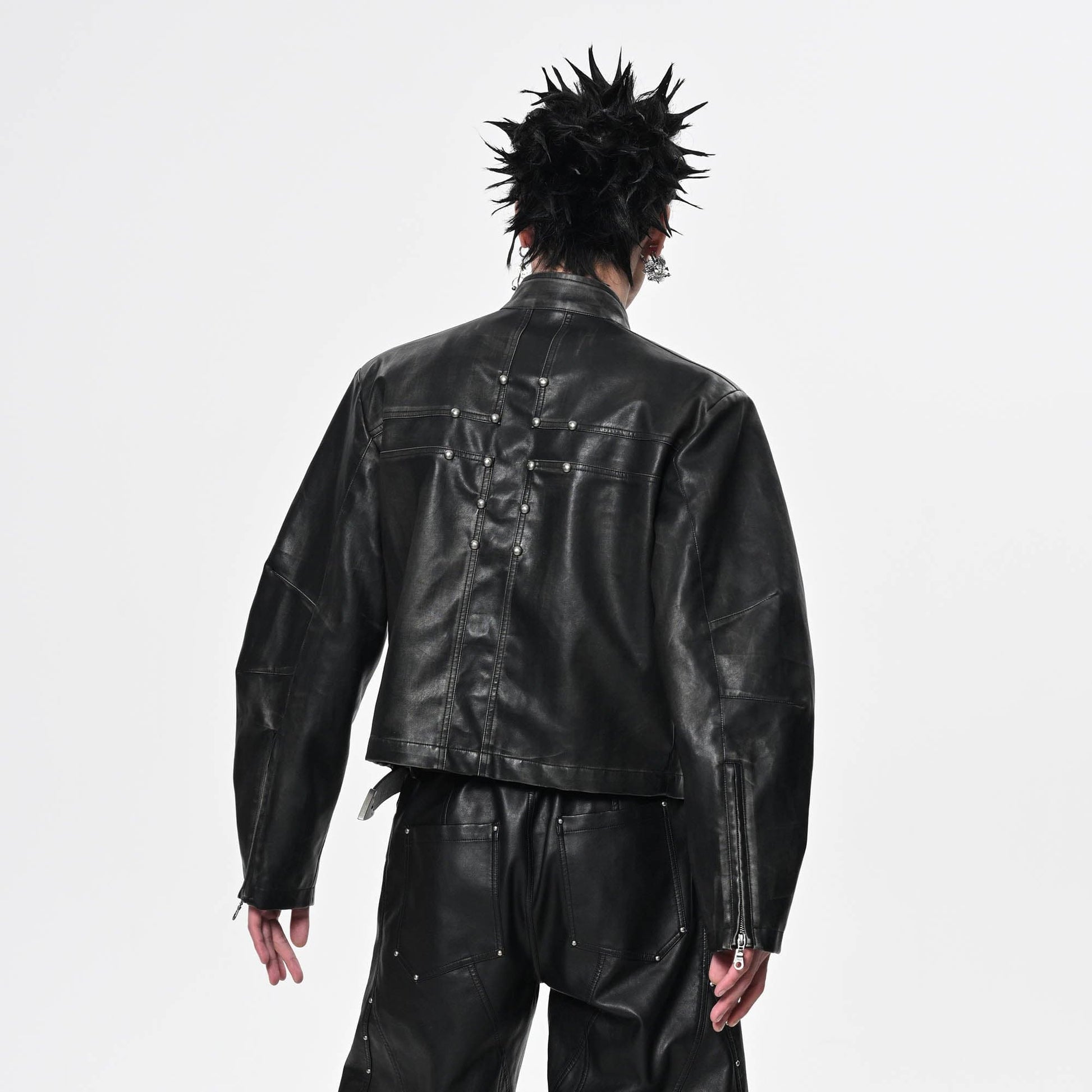 SAVAGEGROWTHWORLD Crossed Spliced Rivet Faux Leather Jacket-Jacket-S-Free Shipping Leatheretro