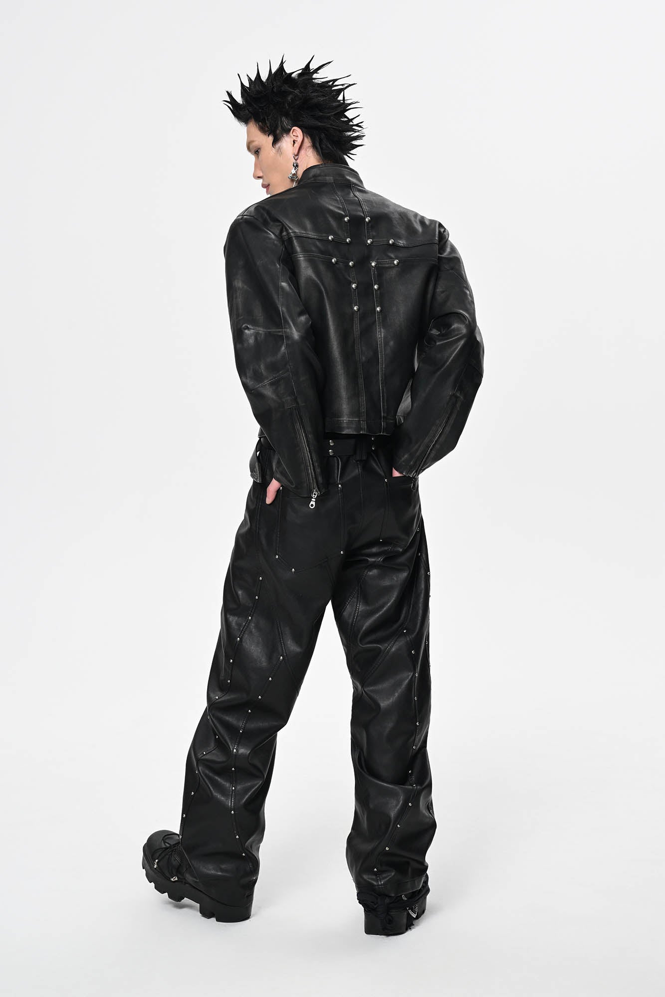 SAVAGEGROWTHWORLD Crossed Spliced Rivet Faux Leather Jacket-Jacket-S-Free Shipping Leatheretro