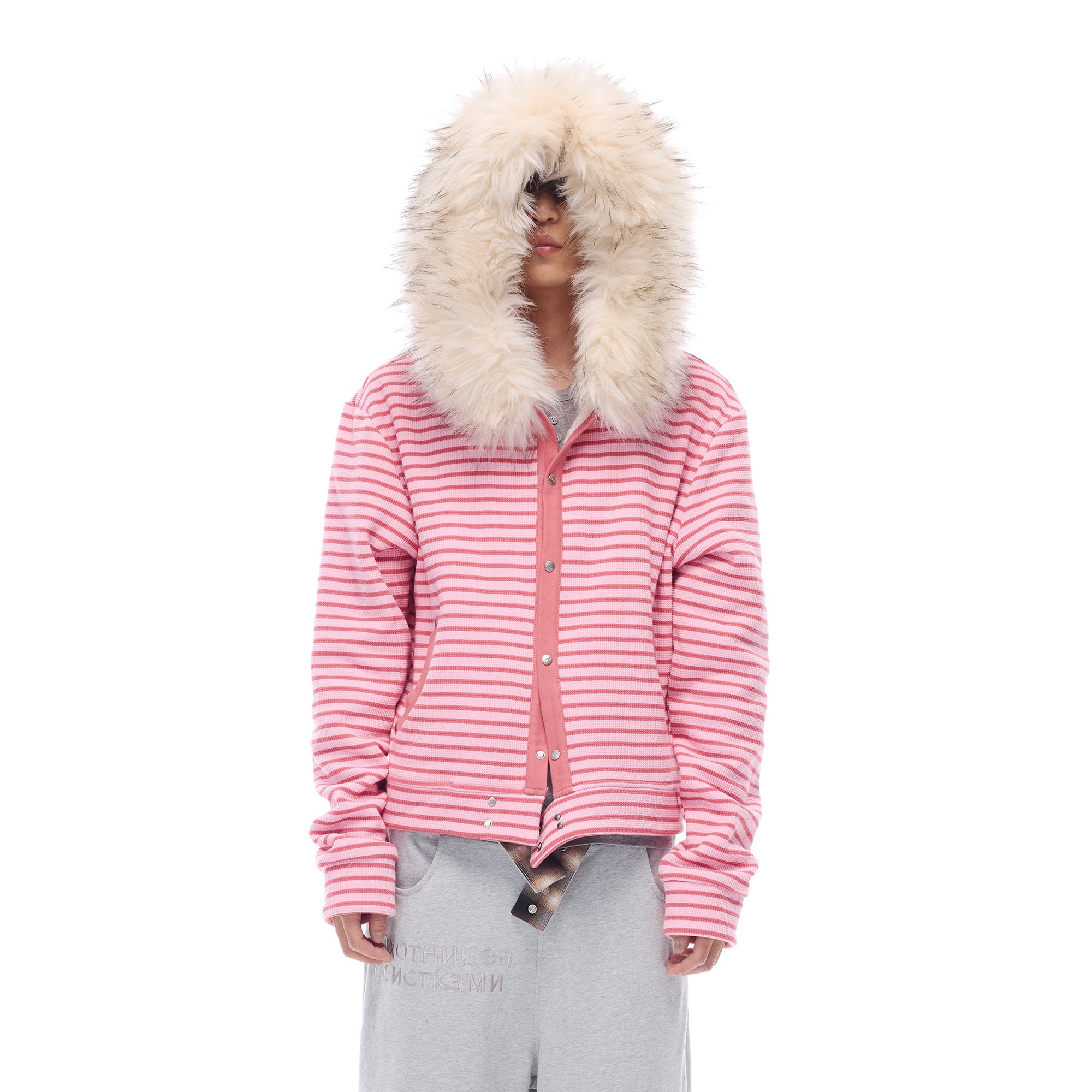 WHISTLEHUNTER Striped Detachable-Fur Hooded Jacket-Jacket-S(Preorder)-Pink-Free Shipping Leatheretro