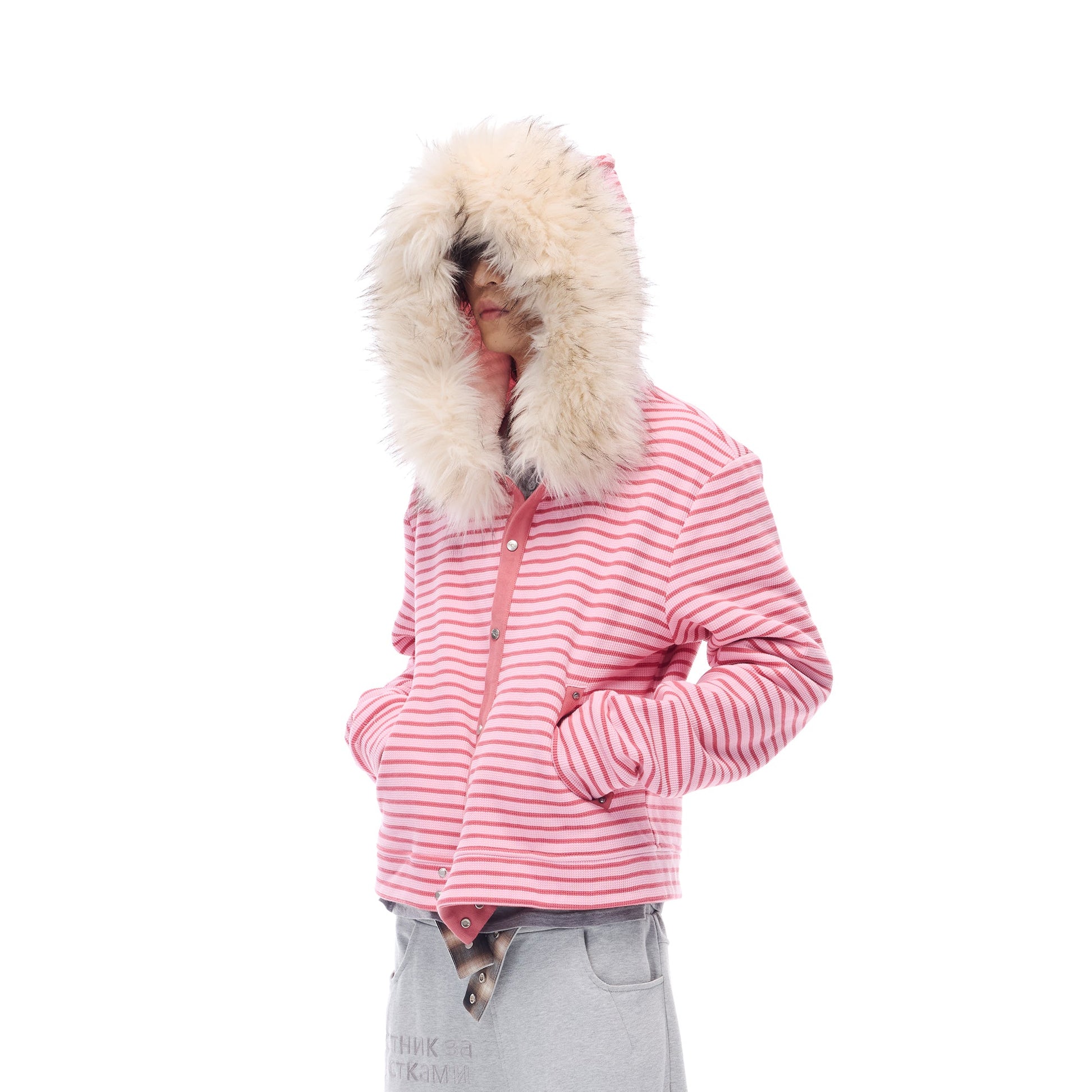 WHISTLEHUNTER Striped Detachable-Fur Hooded Jacket-Jacket-S(Preorder)-Pink-Free Shipping Leatheretro