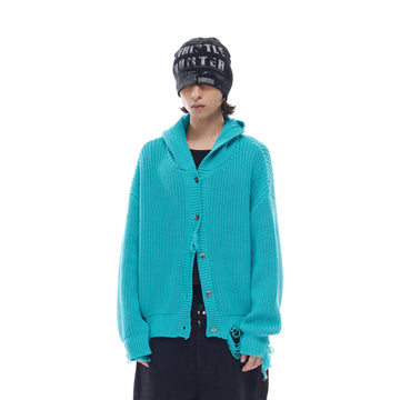 WHISTLEHUNTER Distressed Knit Hooded Cardigan-Jacket-S£¨Preorder£©-Blue-Free Shipping Leatheretro