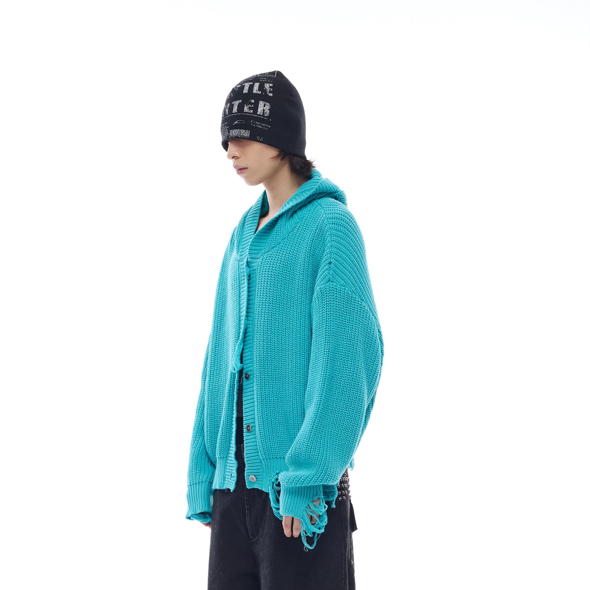 WHISTLEHUNTER Distressed Knit Hooded Cardigan-Jacket-S£¨Preorder£©-Blue-Free Shipping Leatheretro