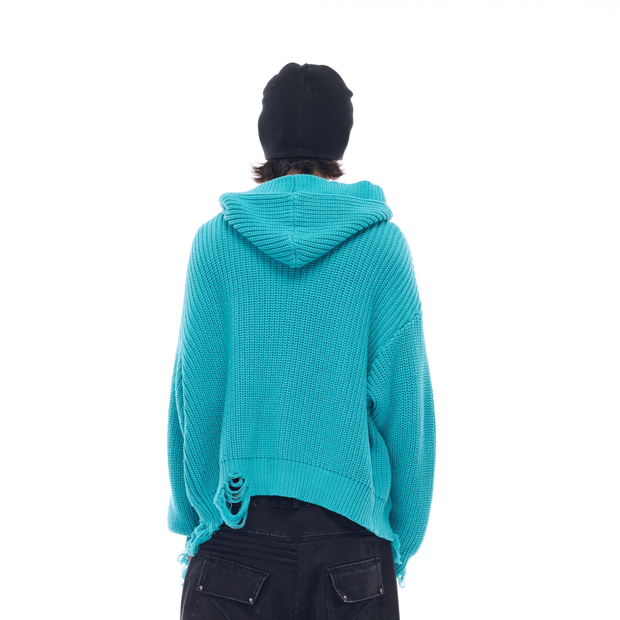 WHISTLEHUNTER Distressed Knit Hooded Cardigan-Jacket-S£¨Preorder£©-Blue-Free Shipping Leatheretro