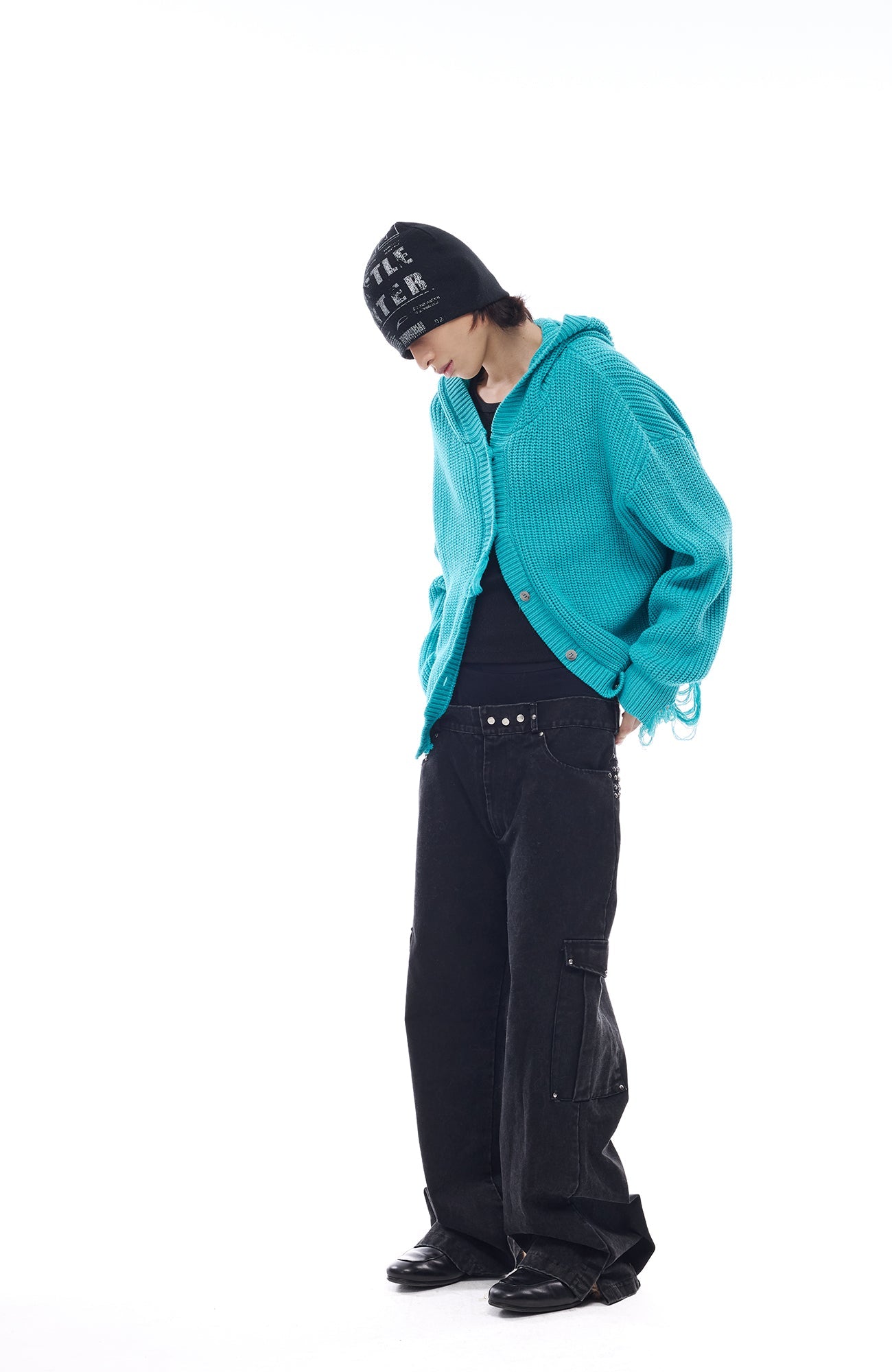 WHISTLEHUNTER Distressed Knit Hooded Cardigan-Jacket-S£¨Preorder£©-Blue-Free Shipping Leatheretro