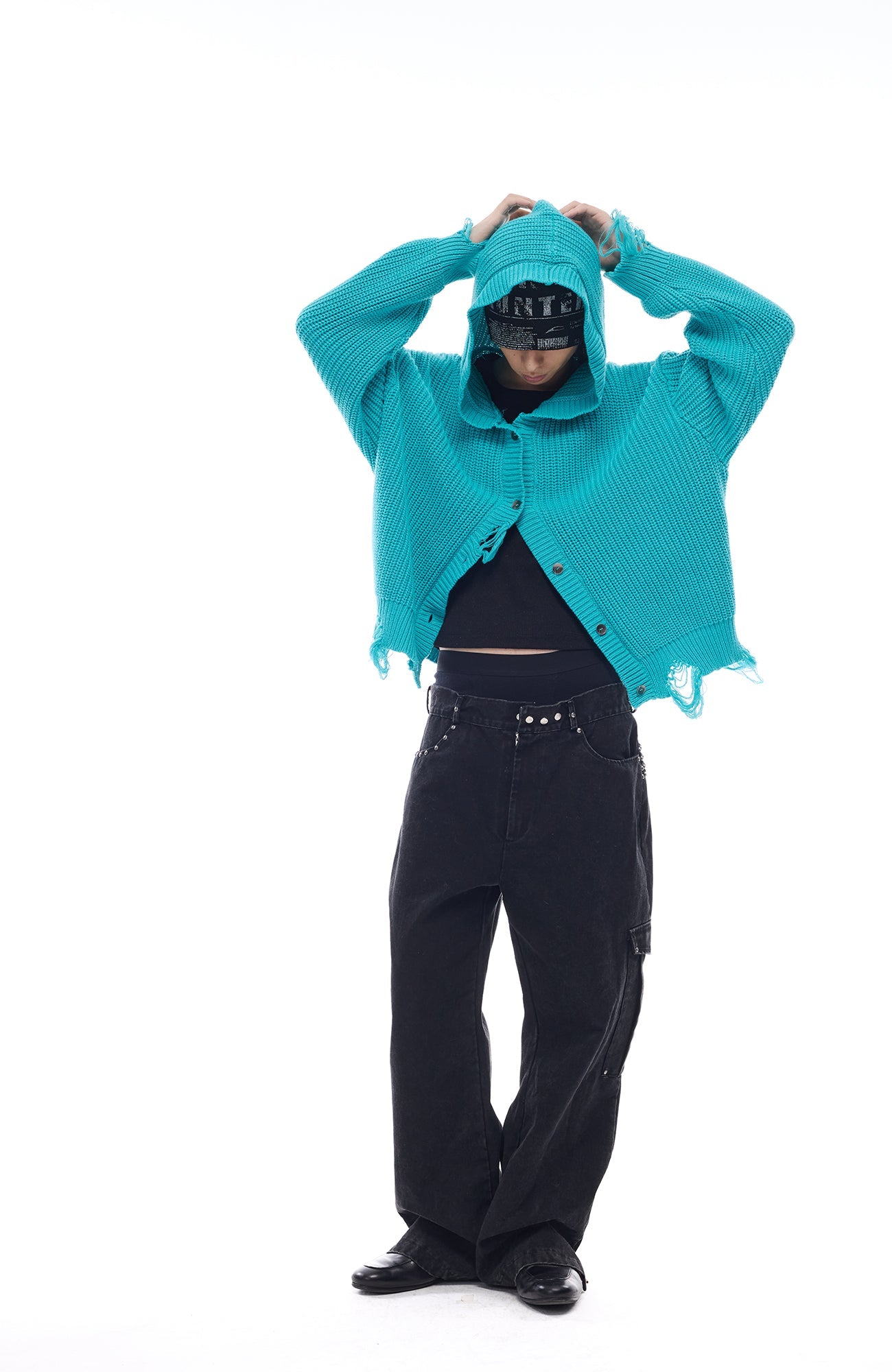 WHISTLEHUNTER Distressed Knit Hooded Cardigan-Jacket-S£¨Preorder£©-Blue-Free Shipping Leatheretro