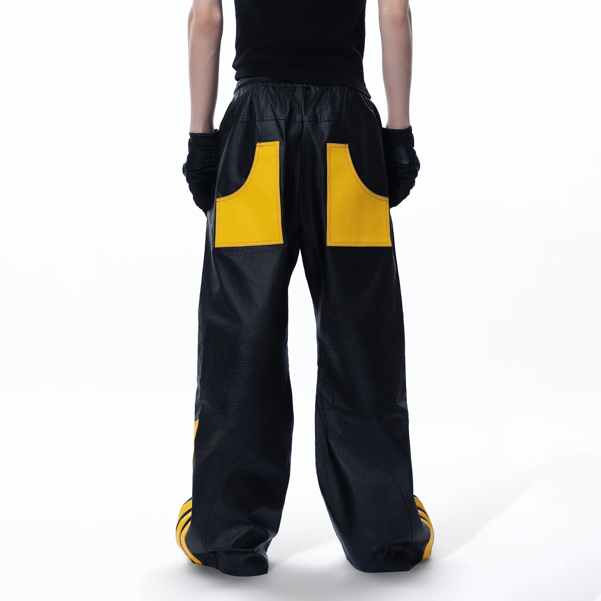 MOGONGSHE Contrast Stripe PU Wide-Leg Pants-Pants-S-Free Shipping Leatheretro