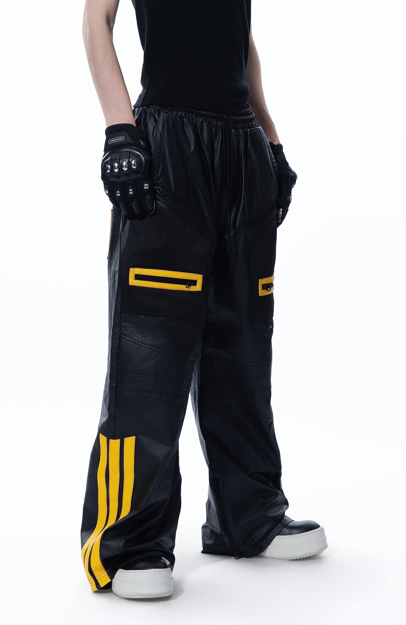 MOGONGSHE Contrast Stripe PU Wide-Leg Pants-Pants-S-Free Shipping Leatheretro