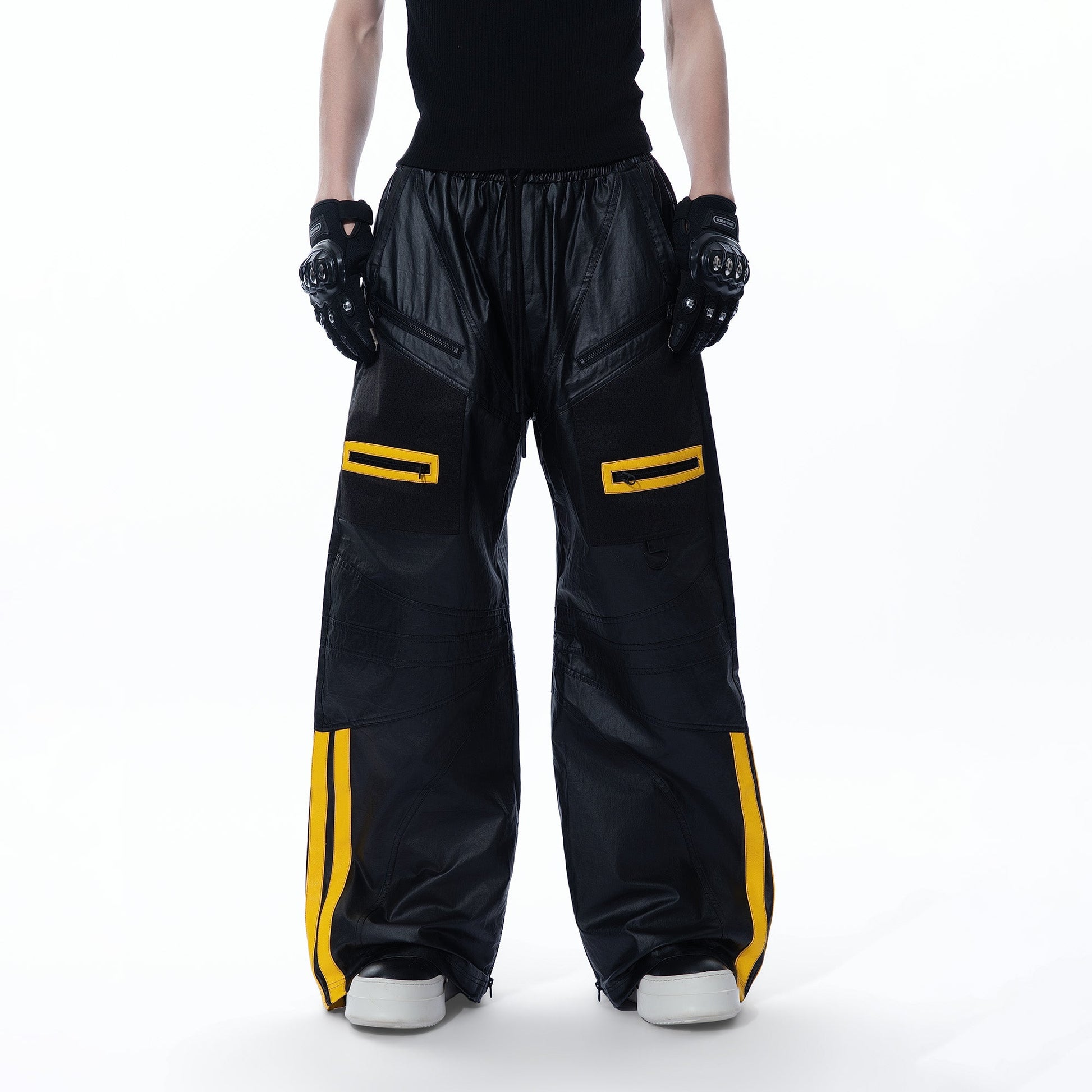 MOGONGSHE Contrast Stripe PU Wide-Leg Pants-Pants-S-Free Shipping Leatheretro