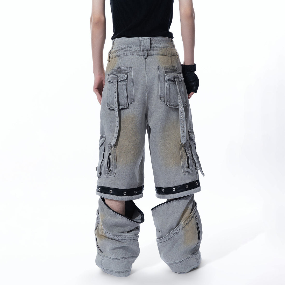 MOGONGSHE Detachable Bleach Washed Utility Cargo Jeans-Jeans-S-Free Shipping Leatheretro