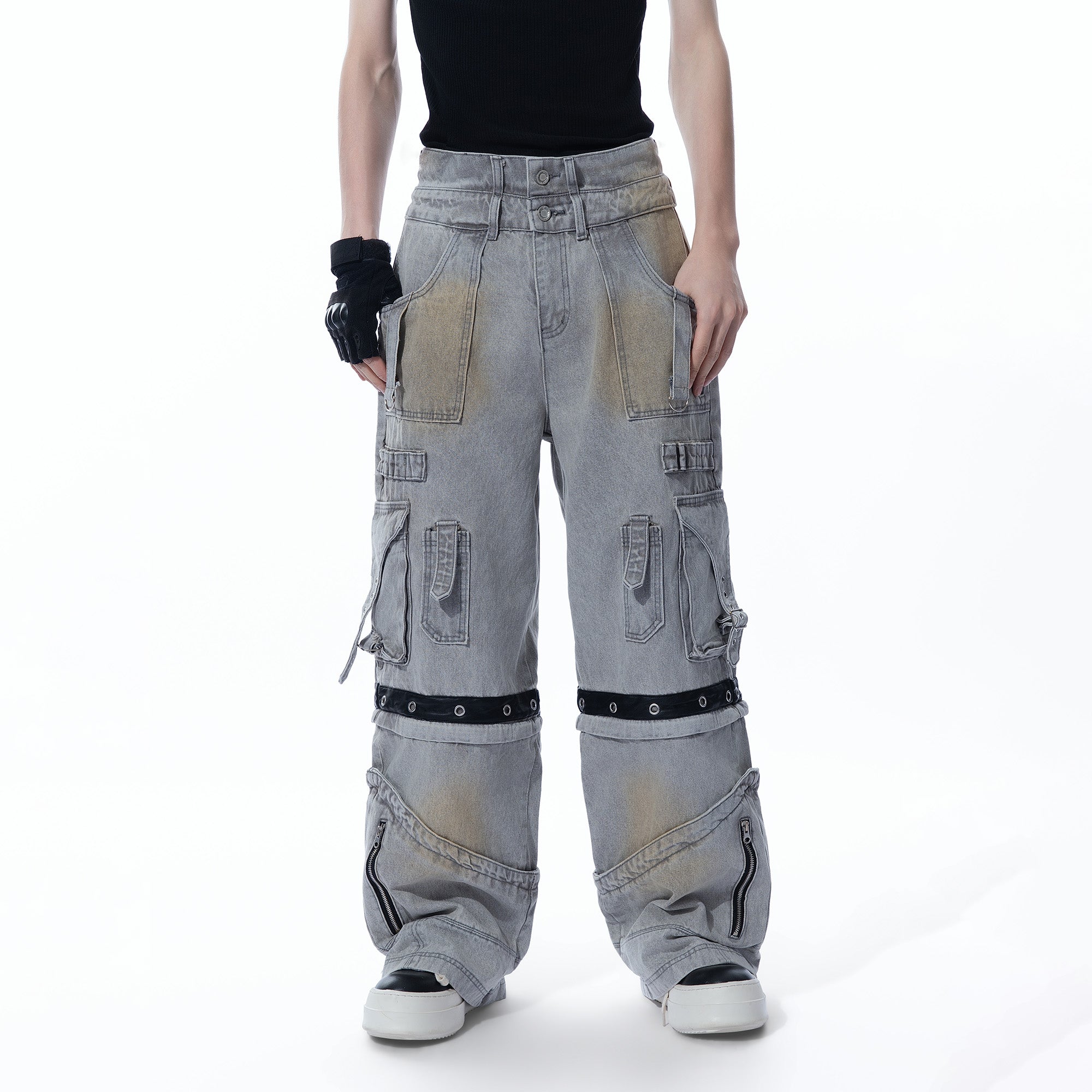 MOGONGSHE Detachable Bleach Washed Utility Cargo Jeans-Jeans-S-Free Shipping Leatheretro