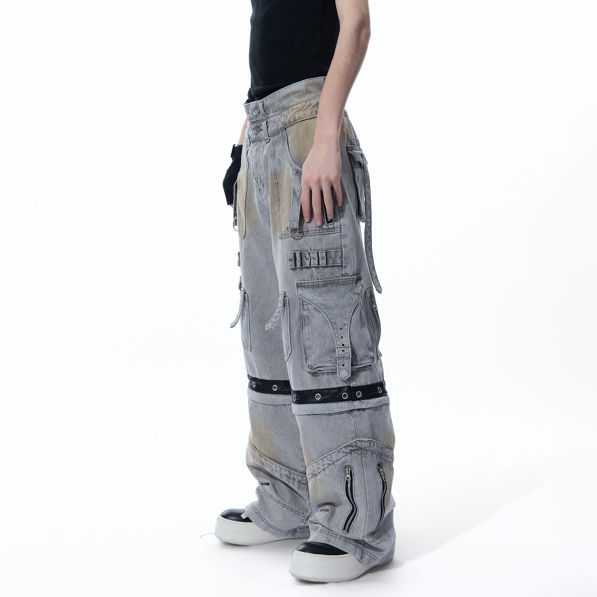 MOGONGSHE Detachable Bleach Washed Utility Cargo Jeans-Jeans-S-Free Shipping Leatheretro