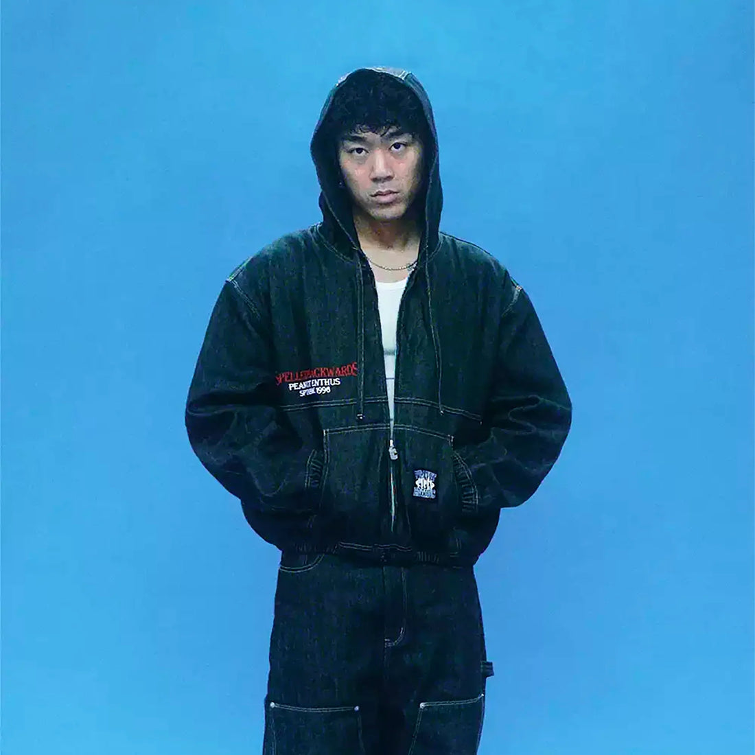 EVETS Raw Denim Embroidered Utility Zip Hoodie-Jacket-S-Free Shipping Leatheretro