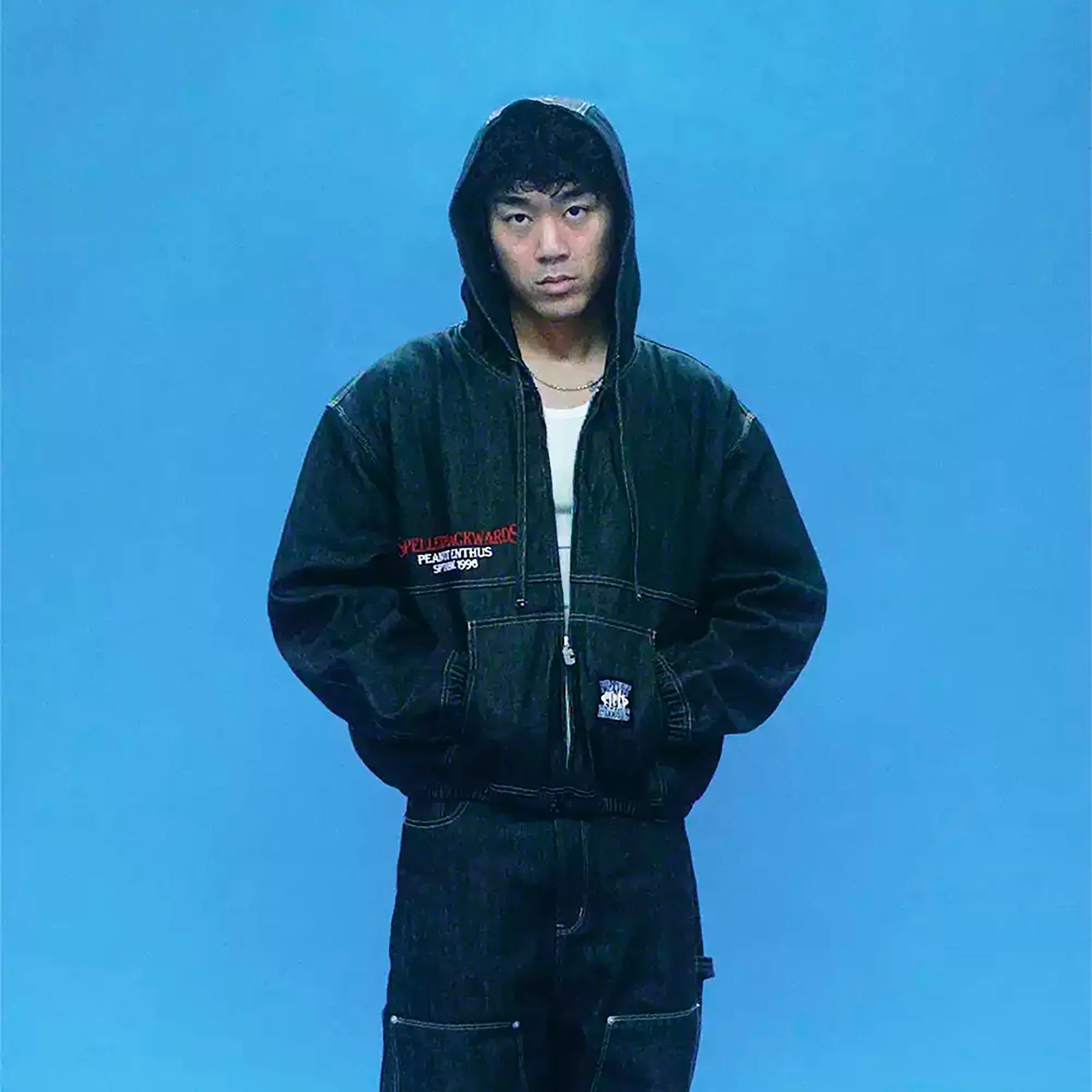 EVETS Raw Denim Embroidered Utility Zip Hoodie-Jacket-S-Free Shipping Leatheretro