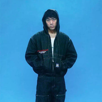 EVETS Raw Denim Embroidered Utility Zip Hoodie-Jacket-S-Free Shipping Leatheretro