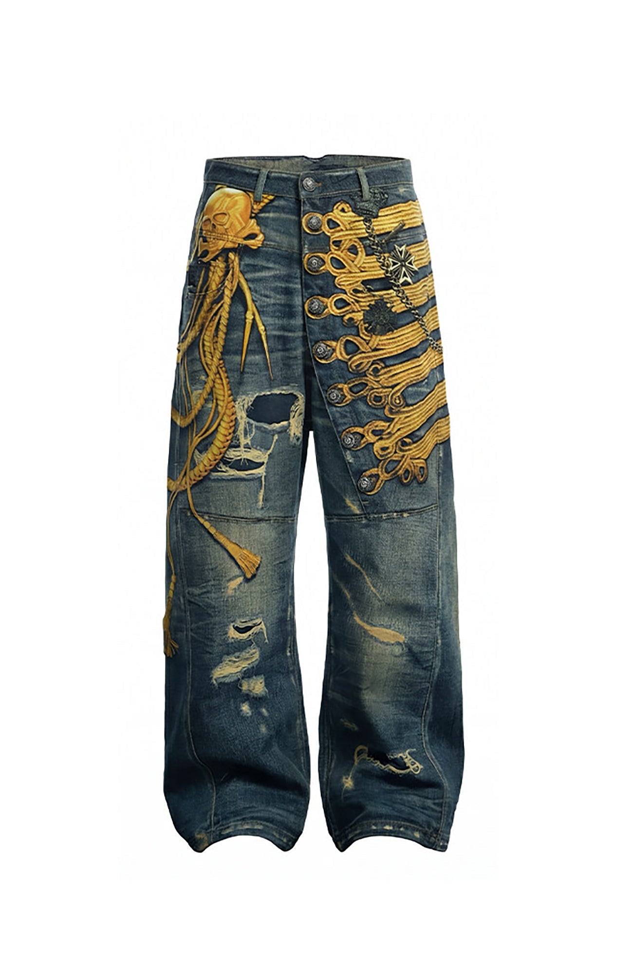 DND4DES Regal Braid Graphic Curved-Leg Baggy Jeans-Jeans-XS-Free Shipping Leatheretro