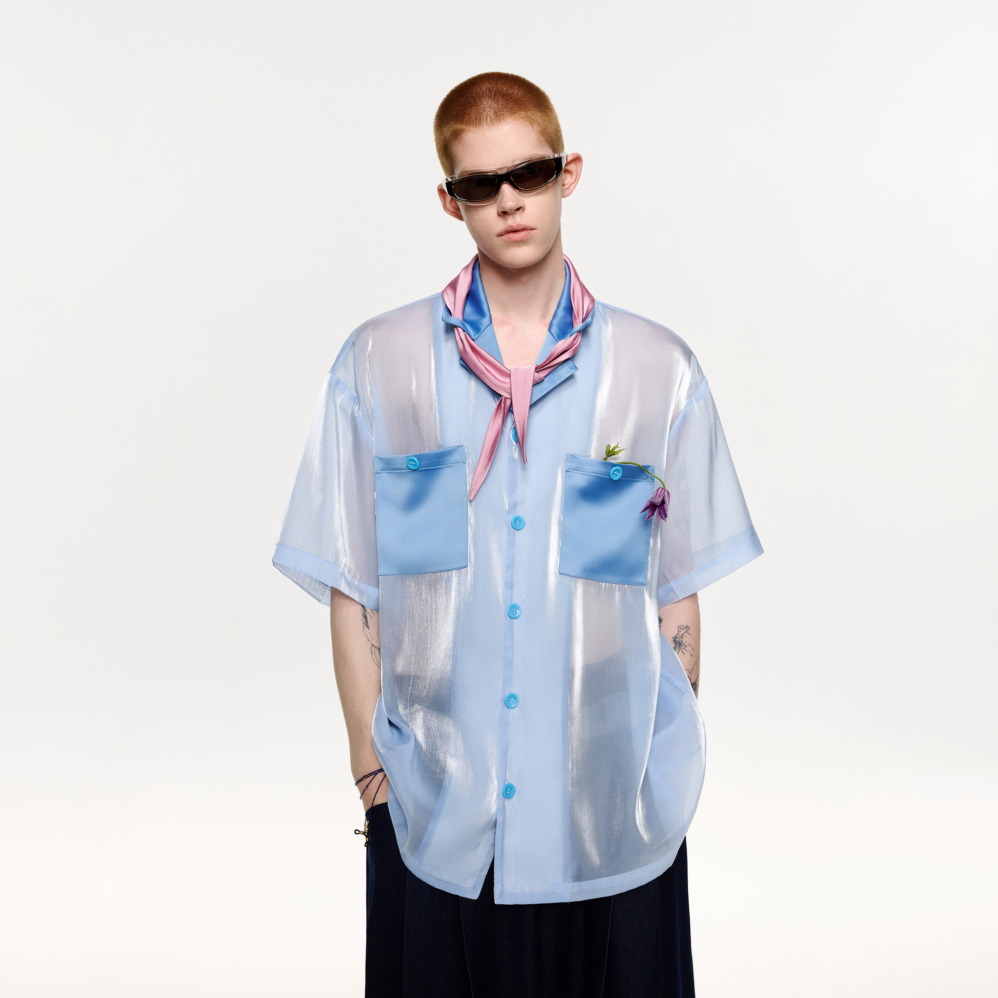 TIWILLTANG Contrast Tie-Neck Sheer Half Shirt-Half shirt-S-Free Shipping Leatheretro