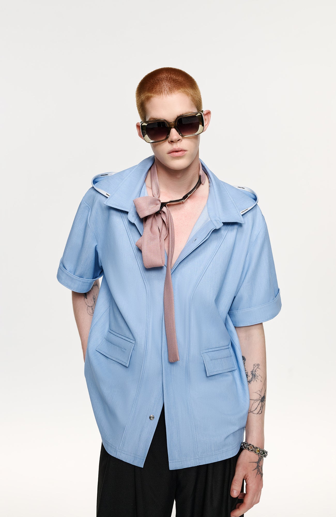 TIWILLTANG Hidden Placket Detachable Hood Half Shirt-Half shirt-S-Blue-Free Shipping Leatheretro