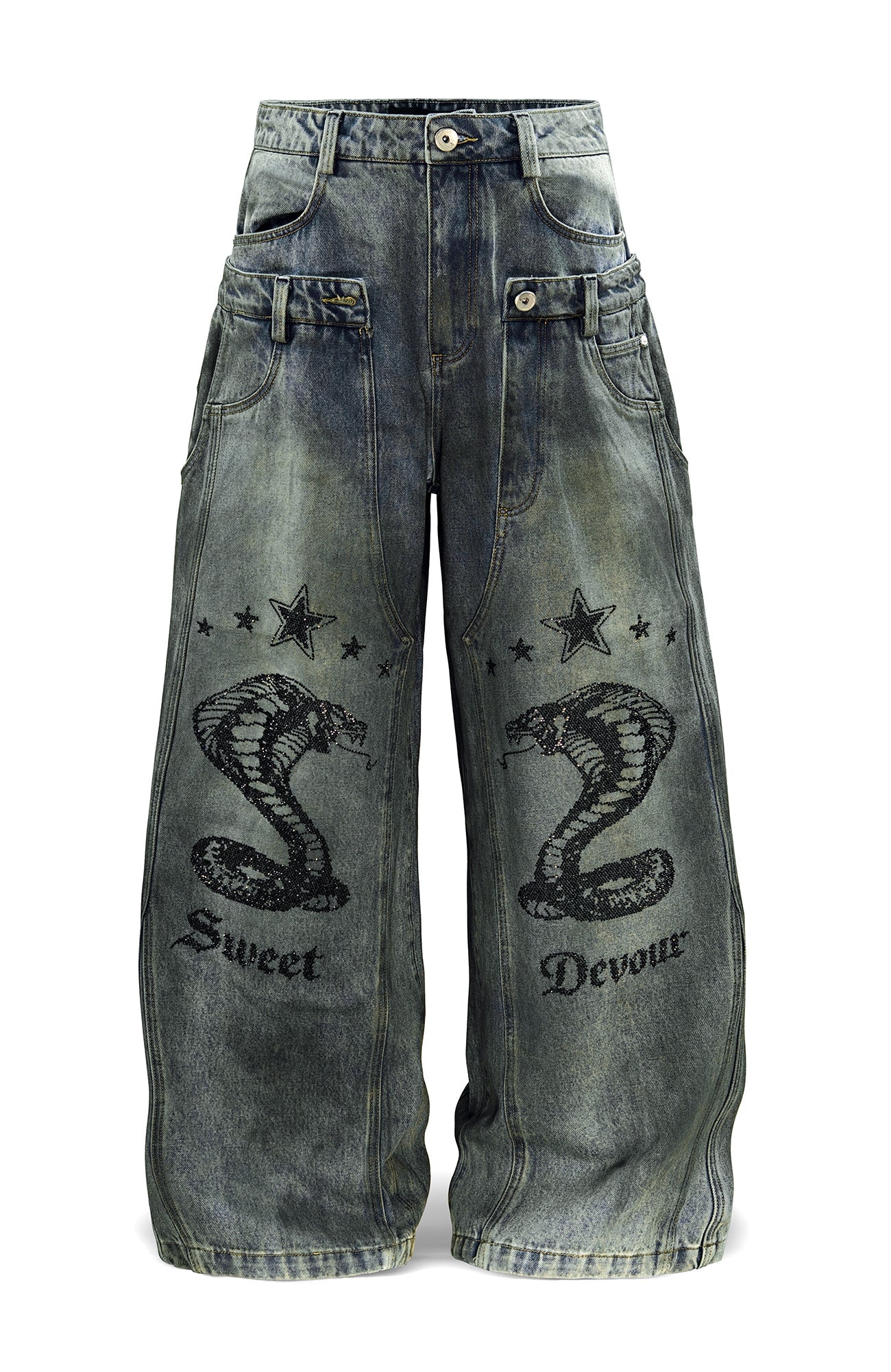 FACEONLAB Double Waistband Diamond Snake Graphic Jeans-Jeans-S (Preorder)-Free Shipping Leatheretro