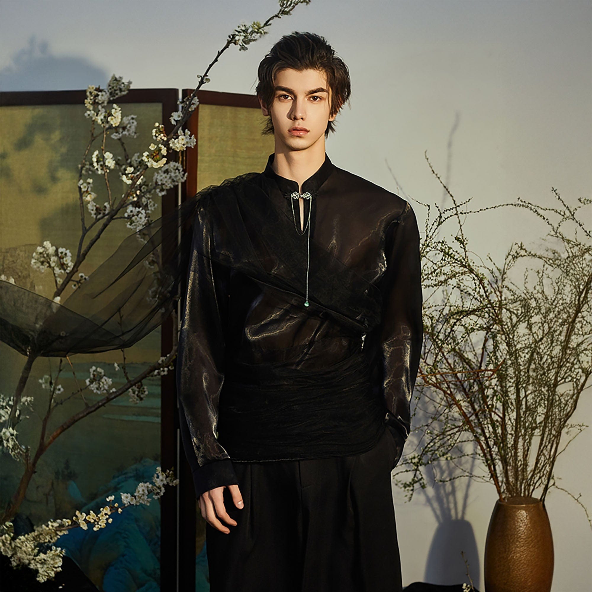 JIECHI Draped Sheer Brooch Organza Shirt-Shirt-M-Free Shipping Leatheretro