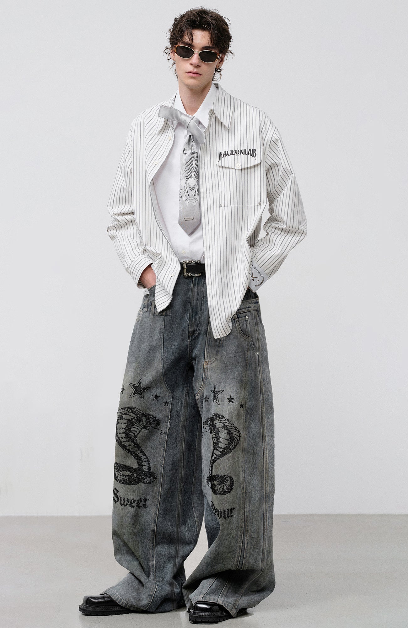 FACEONLAB Double Waistband Diamond Snake Graphic Jeans-Jeans-S (Preorder)-Free Shipping Leatheretro