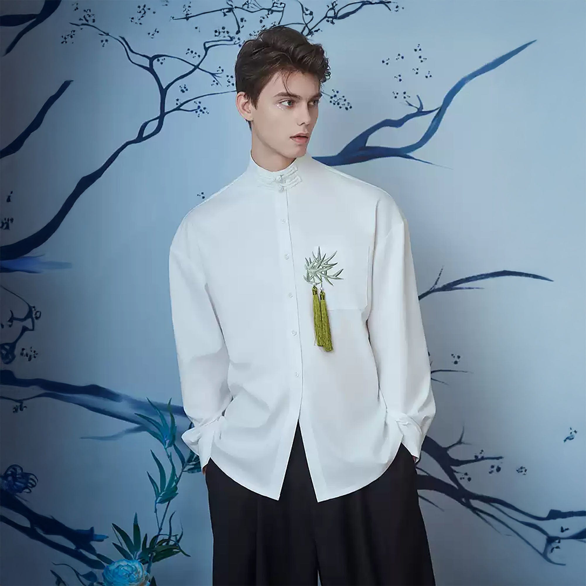JIECHI Bamboo Tassel Embroidered Mandarin Shirt-Shirt-M-Free Shipping Leatheretro