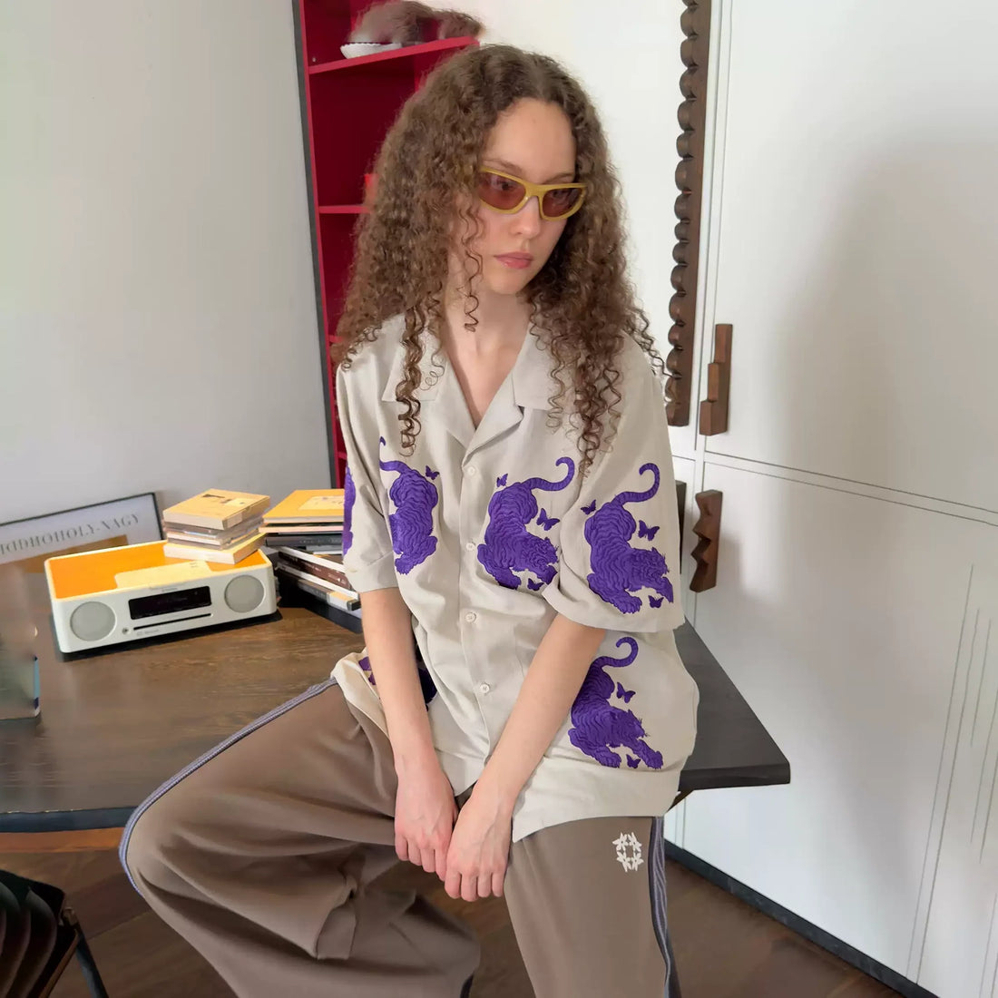 MIICHOUS Tiger Butterfly Satin Embroidered Half Shirt-Half shirt-S (Preorder)-Black-Free Shipping Leatheretro
