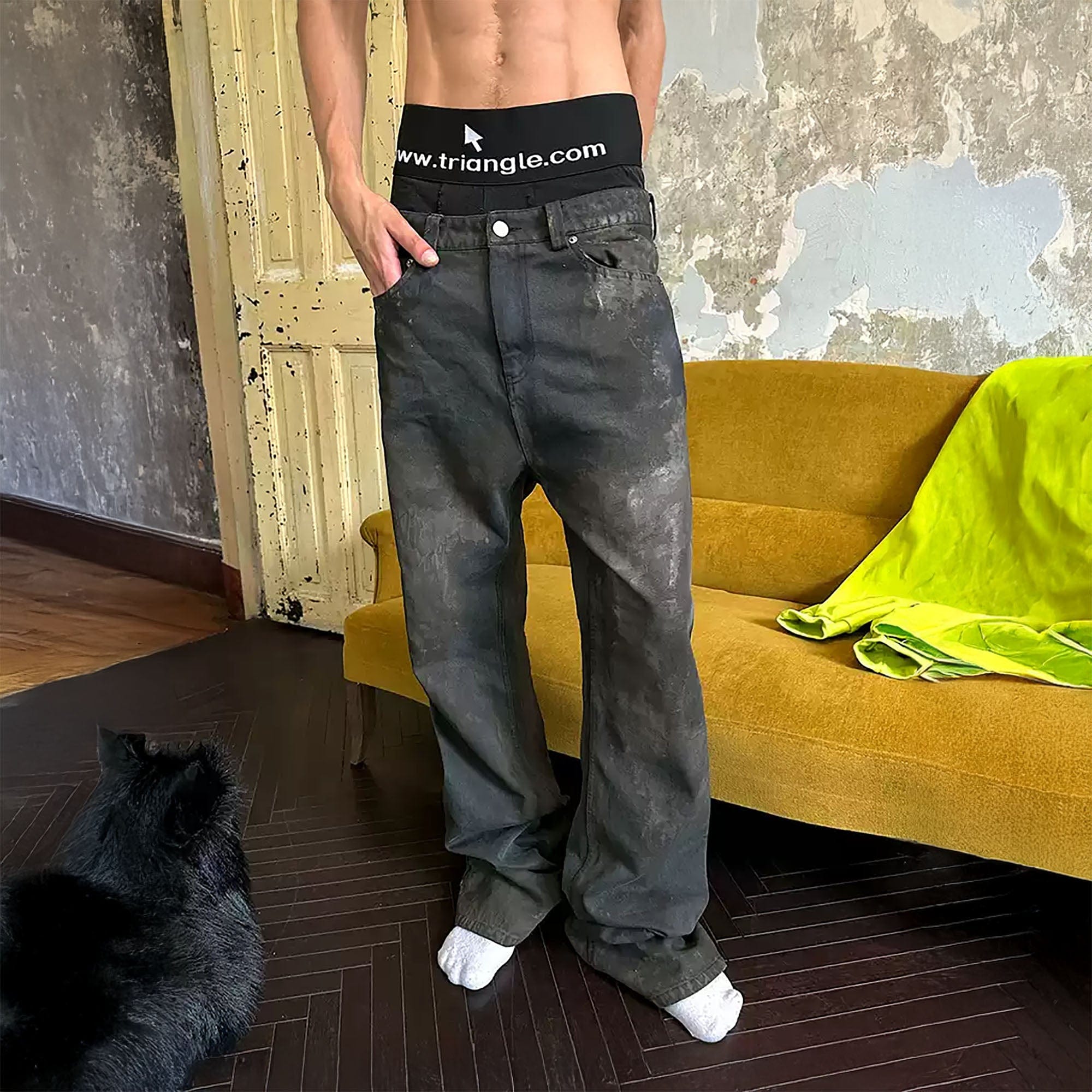 TRIANGLE PROJECT Dirty-Washed Paint-Splattered Straight-Leg Denim Pants-Jeans-XS-Free Shipping Leatheretro