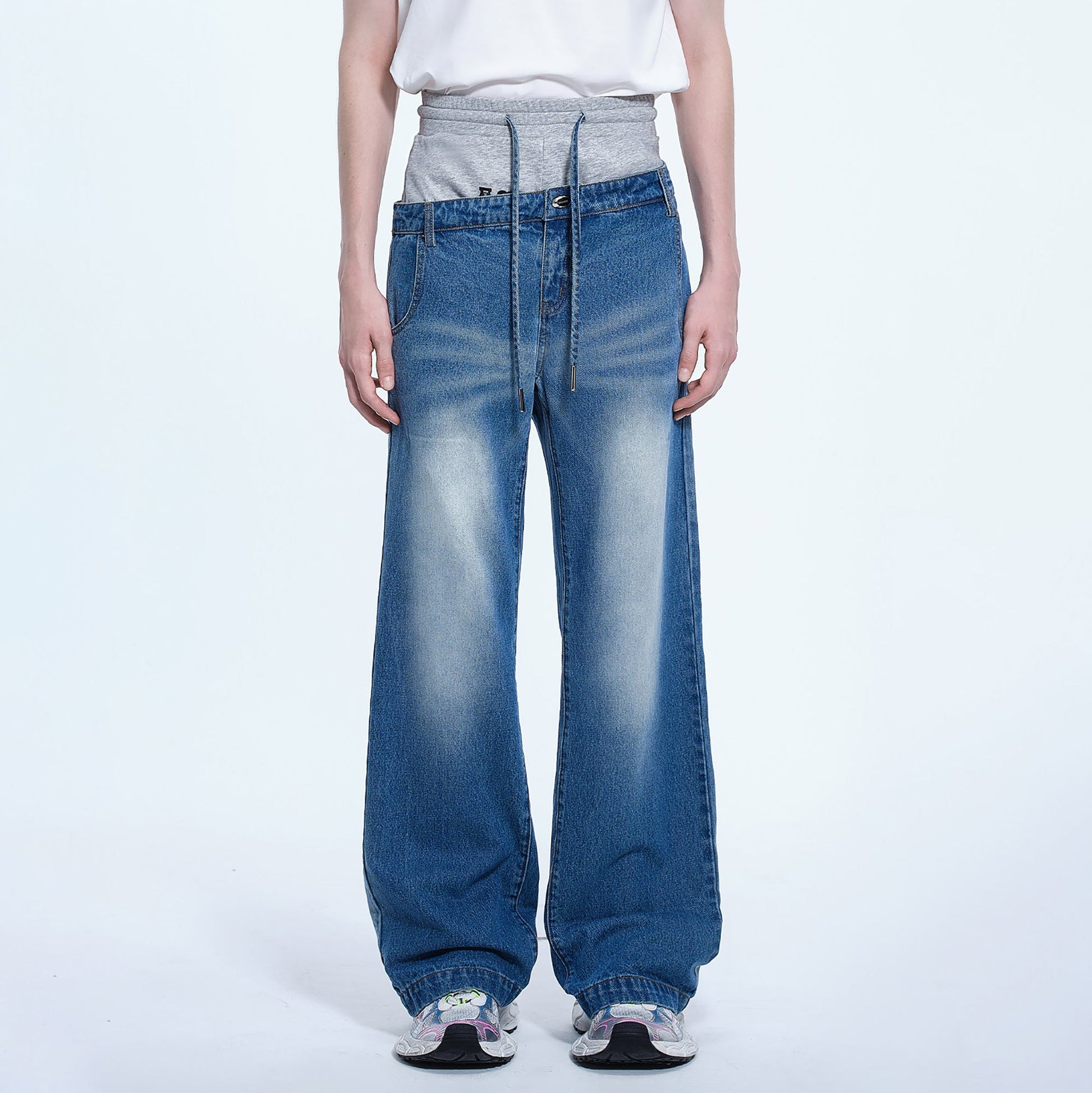 TIWILLTANG Layered Sweatband Washed Denim Pants-Jeans-S-Blue-Free Shipping Leatheretro